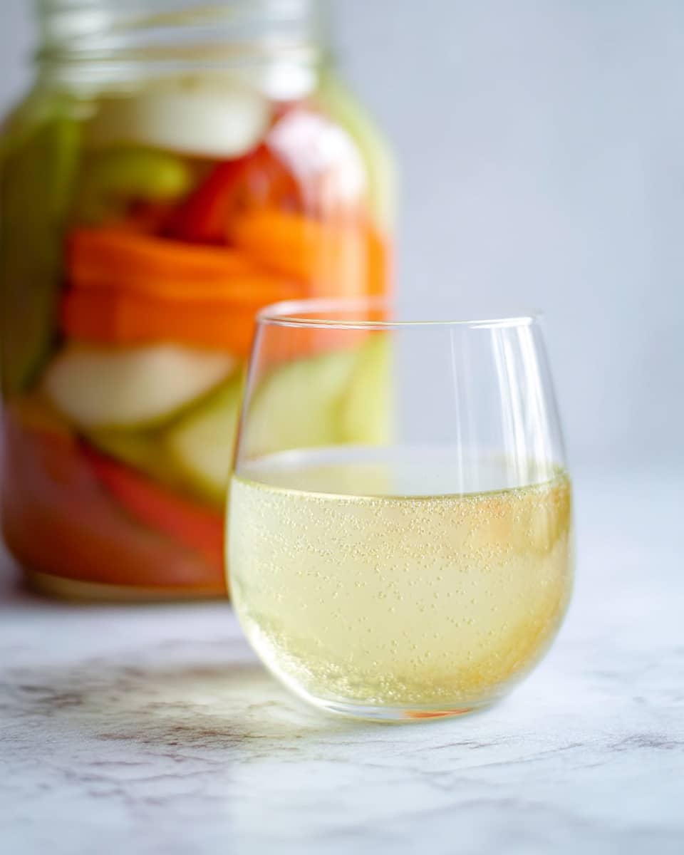 A clear glass jar filled with layers of colorful vegetables in liquid, positioned on a white marbled surface. The bottom layer has yellow pieces with small dark round seeds. Above it, a thick layer of bright orange round carrot slices fills almost one-third of the jar. On top of the carrots, there's a thin layer of chopped light green celery mixed with small white cauliflower pieces. Next, a layer of red bell pepper strips sits beneath folded white cabbage leaves near the top. The jar is filled with pale yellow liquid that slightly covers the cabbage. The jar has the word