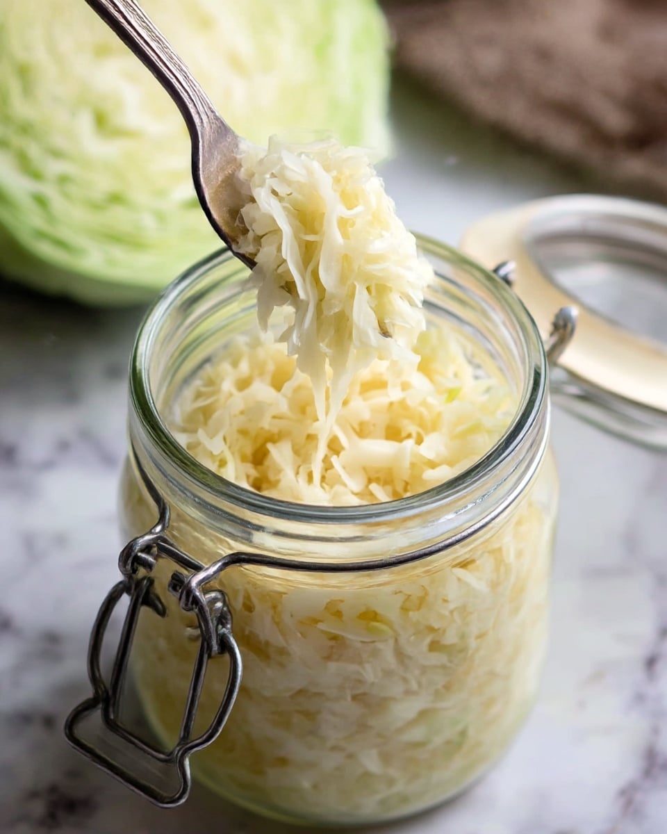 A clear glass jar filled with shredded pale yellow cabbage that looks soft and moist, with layers tightly packed inside the jar. A silver fork lifts a small bunch of the cabbage from the top, showing the thin, stringy texture. The jar is open with its metal latch resting on the side. In the background, there is a half head of green cabbage blurred out, and everything sits on a white marbled surface. photo taken with an iphone --ar 4:5 --v 7