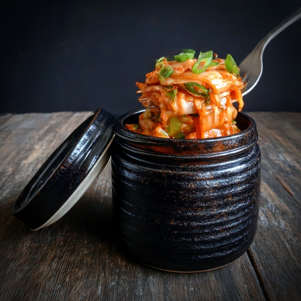 A black textured ceramic jar filled with layers of kimchi, showing orange-red cabbage leaves mixed with green onion pieces on top. The jar is open with the lid resting nearby on a dark wooden surface, and a woman's hand holding a fork lifts a portion of the kimchi, highlighting the shiny, slightly wet texture and vibrant colors against a simple dark background. photo taken with an iphone --ar 4:5 --v 7