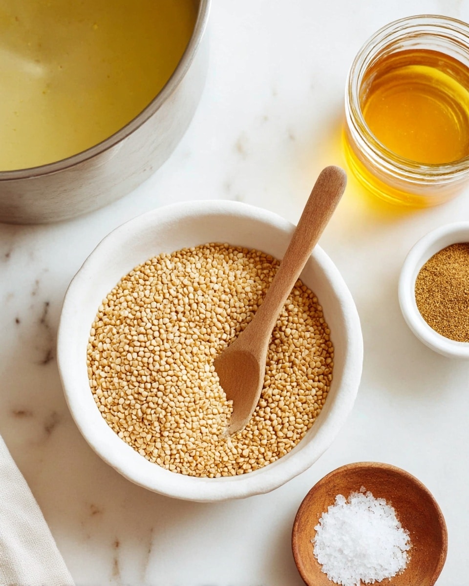 A close-up view of a white bowl filled with cooked quinoa that looks fluffy and mixed with small pieces of green herbs and thin lemon peel strips scattered on top. The quinoa has a light brownish-yellow color with a slightly textured look. There are creamy light beige slivered nuts sprinkled all over, along with small fresh green herb leaves and delicate sprigs spread evenly throughout. The bowl sits on a white marbled surface, and a spoon is partially visible inside the bowl on the right side. Photo taken with an iphone --ar 4:5 --v 7