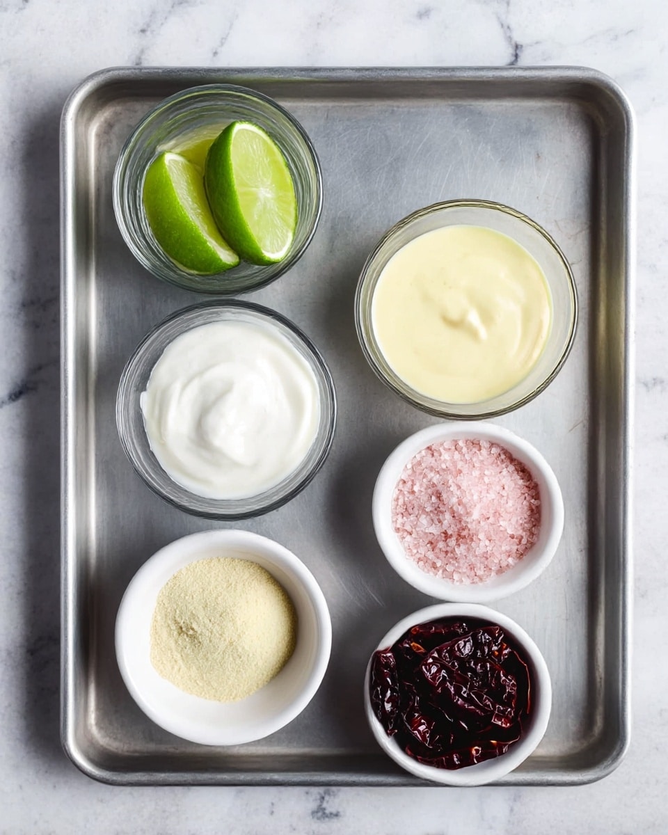 The image shows six small containers on a metal tray, placed on a white marbled surface. On the top row from left to right, there is a glass filled with four bright green lime wedges, a glass with a white creamy yogurt-like substance, and a glass with a light yellow creamy sauce. On the bottom row, there are two small white bowls; the left one holds a pale yellow powder, and the right one contains pink salt. The last container on the bottom right is a small, round container filled with dark red dried chili peppers. Photo taken with an iphone --ar 4:5 --v 7