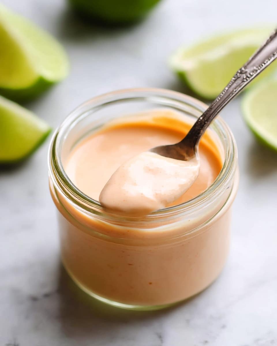 A small clear glass jar filled with a smooth, creamy sauce that is light orange with some darker orange swirls, giving it a rich texture. A vintage-style silver spoon with detailed engravings is dipped into the sauce. Around the jar, there are fresh lime wedges with bright green skin and pale green juicy interiors. All items are placed on a white marbled surface. Photo taken with an iphone --ar 4:5 --v 7