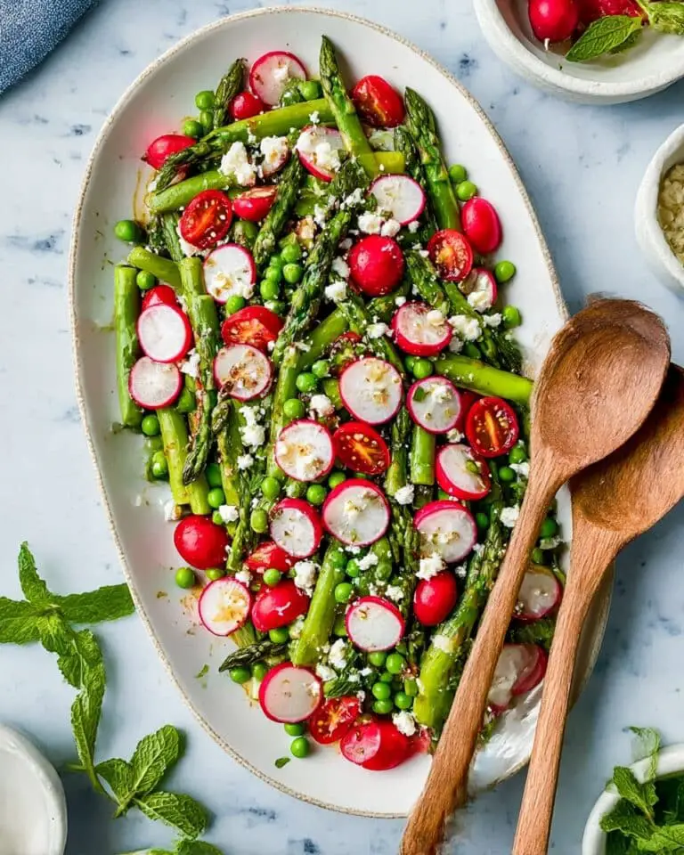 Asparagus and Peas Salad with Cherry Tomatoes, Radishes, Mint, Parsley, and Feta Recipe