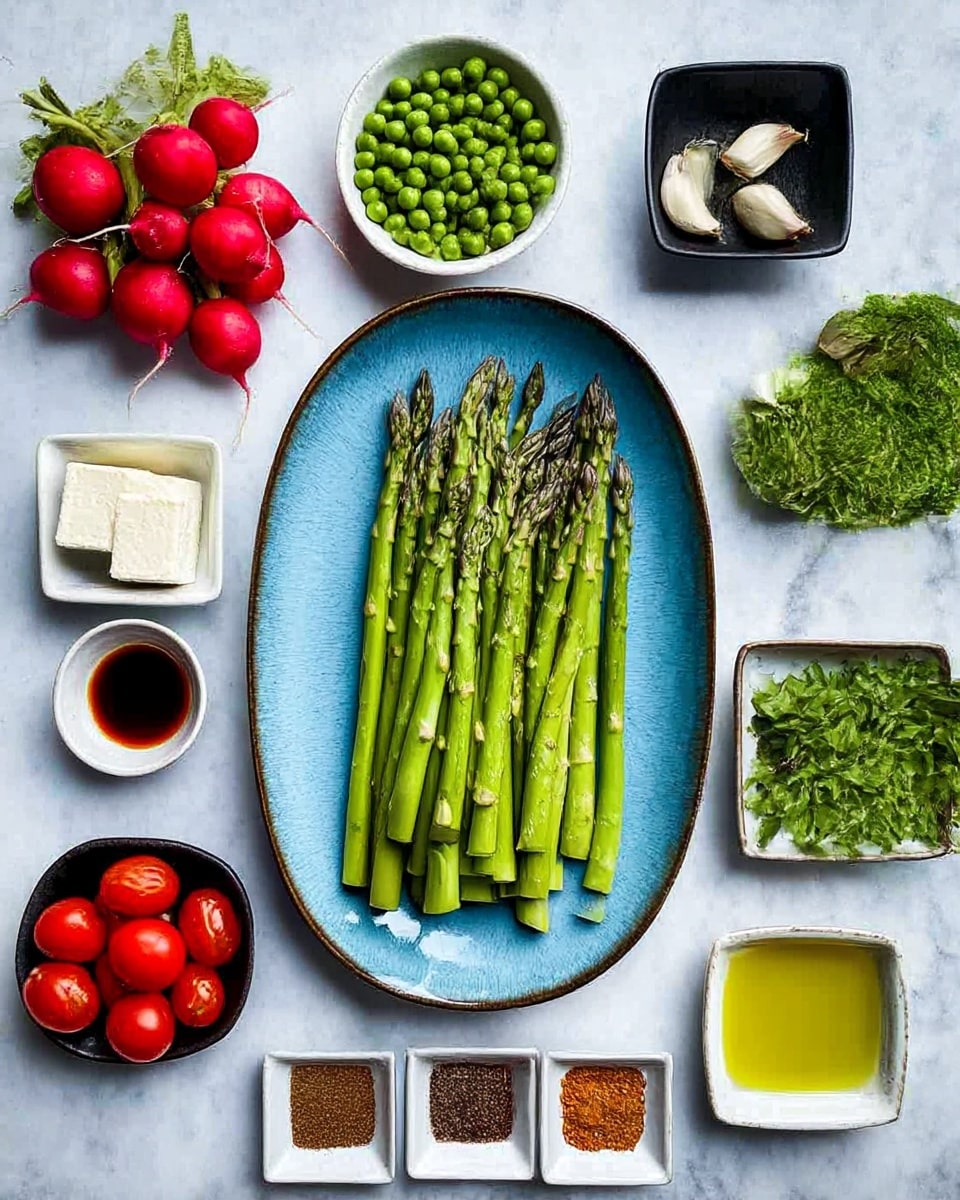 A single layer of bright green asparagus spears is neatly placed in the center of a long oval blue plate, positioned on a white marbled surface. Surrounding the plate are small white bowls and dishes holding various fresh ingredients: bright red radishes, green peas, a block of white cheese, fresh green herb leaves, two peeled garlic cloves in a black dish, shiny red grape tomatoes, a bowl of light yellow oil, and small square white bowls containing dark brown and light brown spices, along with a small dish of dark red liquid. The image has a clean, organized look with vibrant colors and textures. Photo taken with an iphone --ar 4:5 --v 7