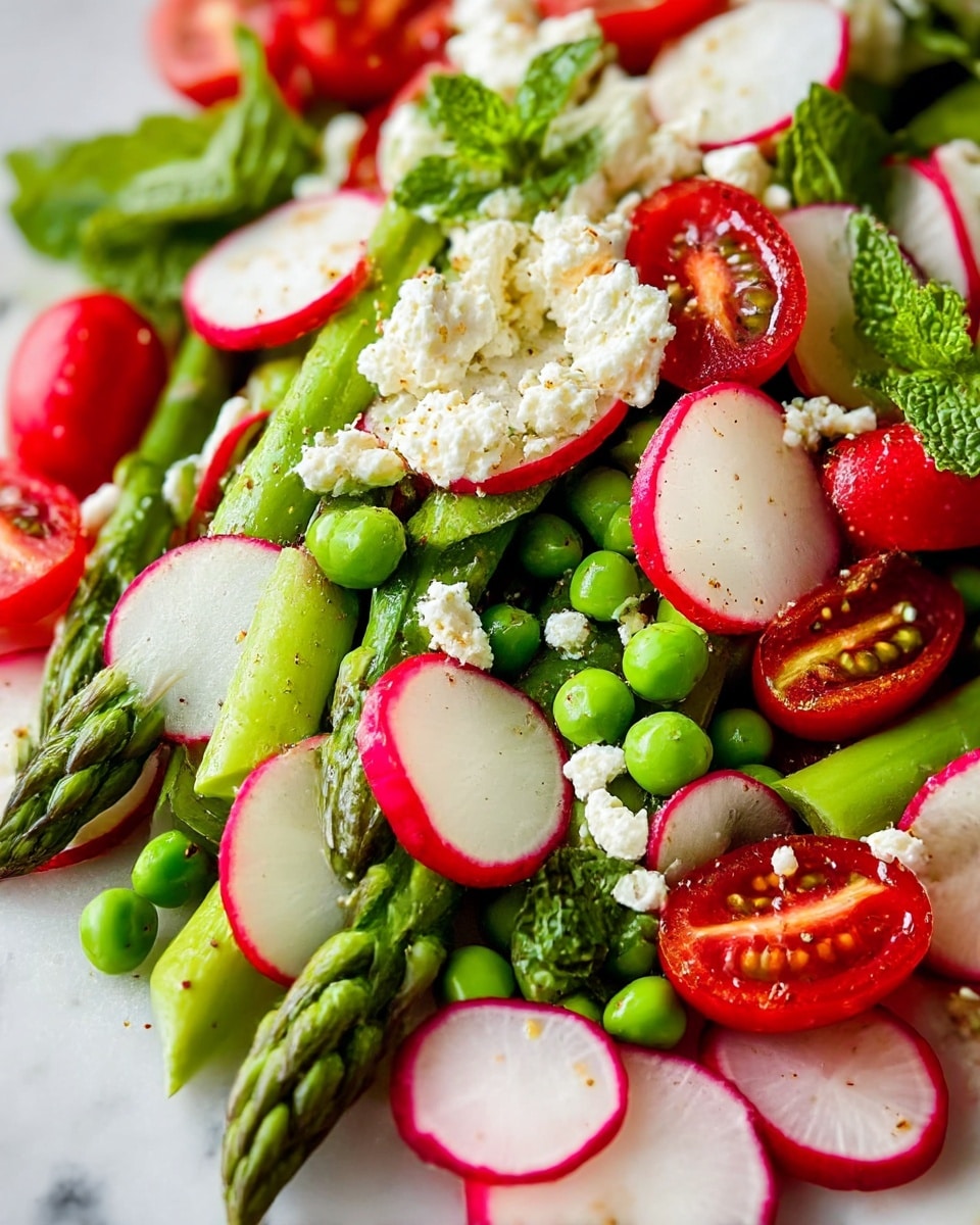 A white oval plate holds a colorful salad with four main layers: the base layer is bright green asparagus stalks cut into pieces, mixed with fresh green peas scattered around. On top of this are thin round slices of white radish with red edges, and small red cherry tomatoes cut in half spread evenly. The salad is sprinkled with small white crumbles of cheese and scattered green mint and parsley leaves, adding texture and freshness. Two wooden salad spoons rest on the right side of the plate. The plate sits on a white marbled surface, with small white bowls and fresh mint leaves around. photo taken with an iphone --ar 4:5 --v 7