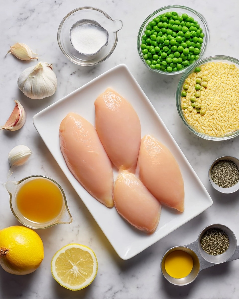 Three raw chicken pieces with a smooth light pink color are placed side by side on a clean white rectangular plate in the center. Surrounding the plate on a white marbled textured surface are various ingredients: at the top right, there is a glass bowl with vibrant green peas and next to it, a small metal measuring cup with white cream. Below are a metal measuring cup filled with pale yellow orzo rice and a whole yellow lemon. On the left side of the plate, there are two peeled garlic cloves, a whole light brown onion, a clear glass measuring cup filled with light brown broth, and three small bowls each containing different seasonings including a bright yellow liquid, white salt, and a mix of dried herbs and black pepper. Photo taken with an iphone --ar 4:5 --v 7