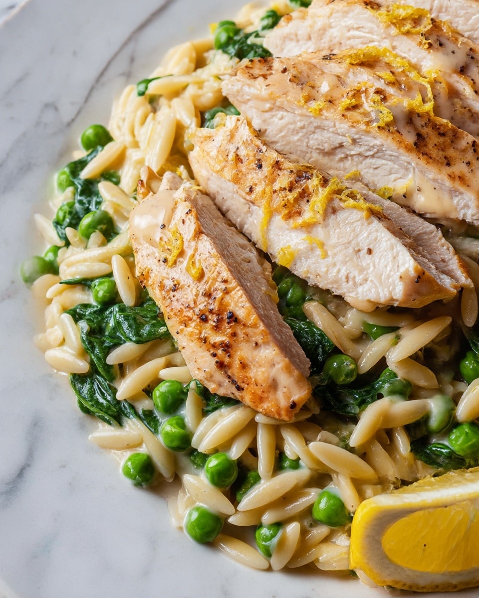 A white round plate sits on a white marbled surface with a dish of sliced light golden brown chicken arranged in a neat row in the center. Surrounding the chicken is a creamy mixture of small pasta pieces mixed with bright green peas and spinach leaves, creating a textured and colorful base layer. Two lemon wedges with bright yellow skin and pale juicy flesh are placed near the edge of the plate. The overall look is fresh and appetizing with a soft natural light highlighting the colors. Photo taken with an iphone --ar 4:5 --v 7