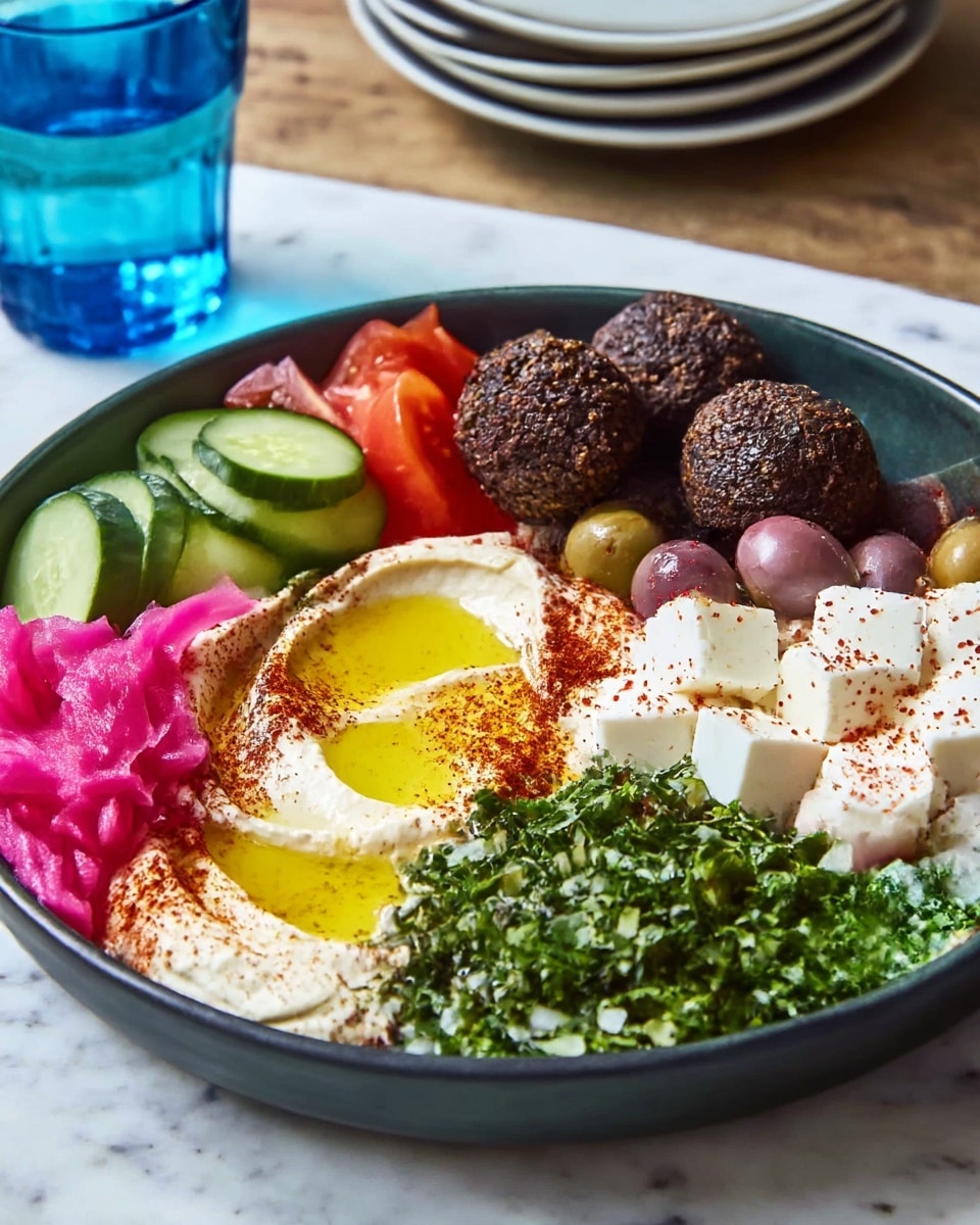A round dark green bowl holds multiple layers of colorful food arranged side by side. Starting from the front, there is a creamy off-white hummus topped with a pool of bright yellow olive oil and a sprinkle of red spices. Next to it, bright pink pickled onions add a pop of color. Moving clockwise, there are green sliced cucumbers with a dusting of red spices, white cubes of feta cheese with red seasoning flakes, and light purple whole olives mixed with pale green olives. Behind them, dark brown falafel balls with a rough texture stand out, next to bright red tomato wedges. Lastly, fresh green chopped herbs mixed with small bits of red and white vegetables fill the remaining space. The bowl is placed on a white marbled surface with a clear blue glass of water and stacked plates blurred in the background. photo taken with an iphone --ar 4:5 --v 7