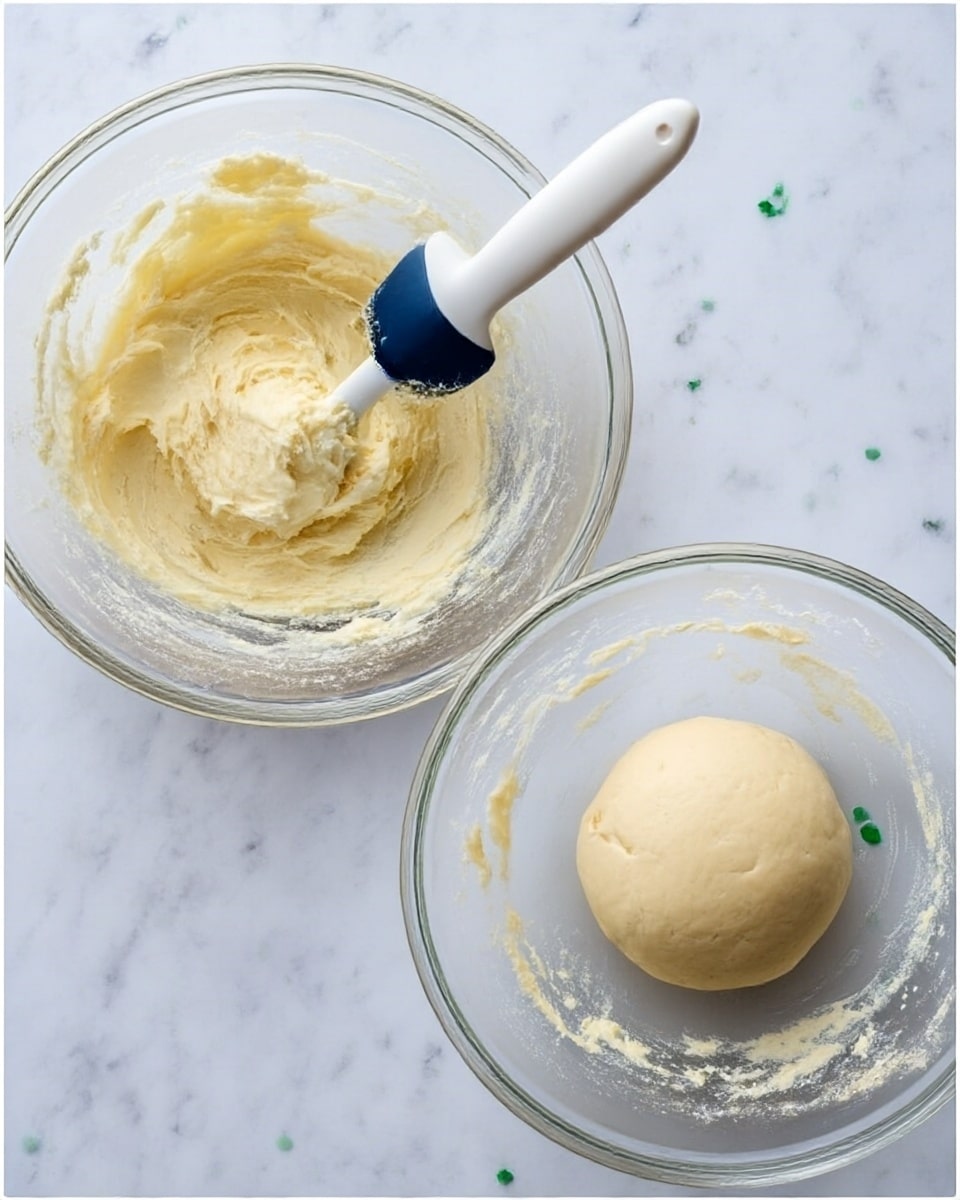 The image shows two clear glass bowls placed on a white marbled surface. In the first bowl on the left, there is a creamy, pale yellow mixture with a smooth and slightly fluffy texture, being stirred by a white spatula with a dark blue head. In the second bowl on the right, there is a smooth, round dough ball with a light beige color, resting in the center of the bowl. Both bowls have some mixture traces around their sides. There are small green pieces scattered on the surface near the bottom edge of both photos. Photo taken with an iphone --ar 4:5 --v 7