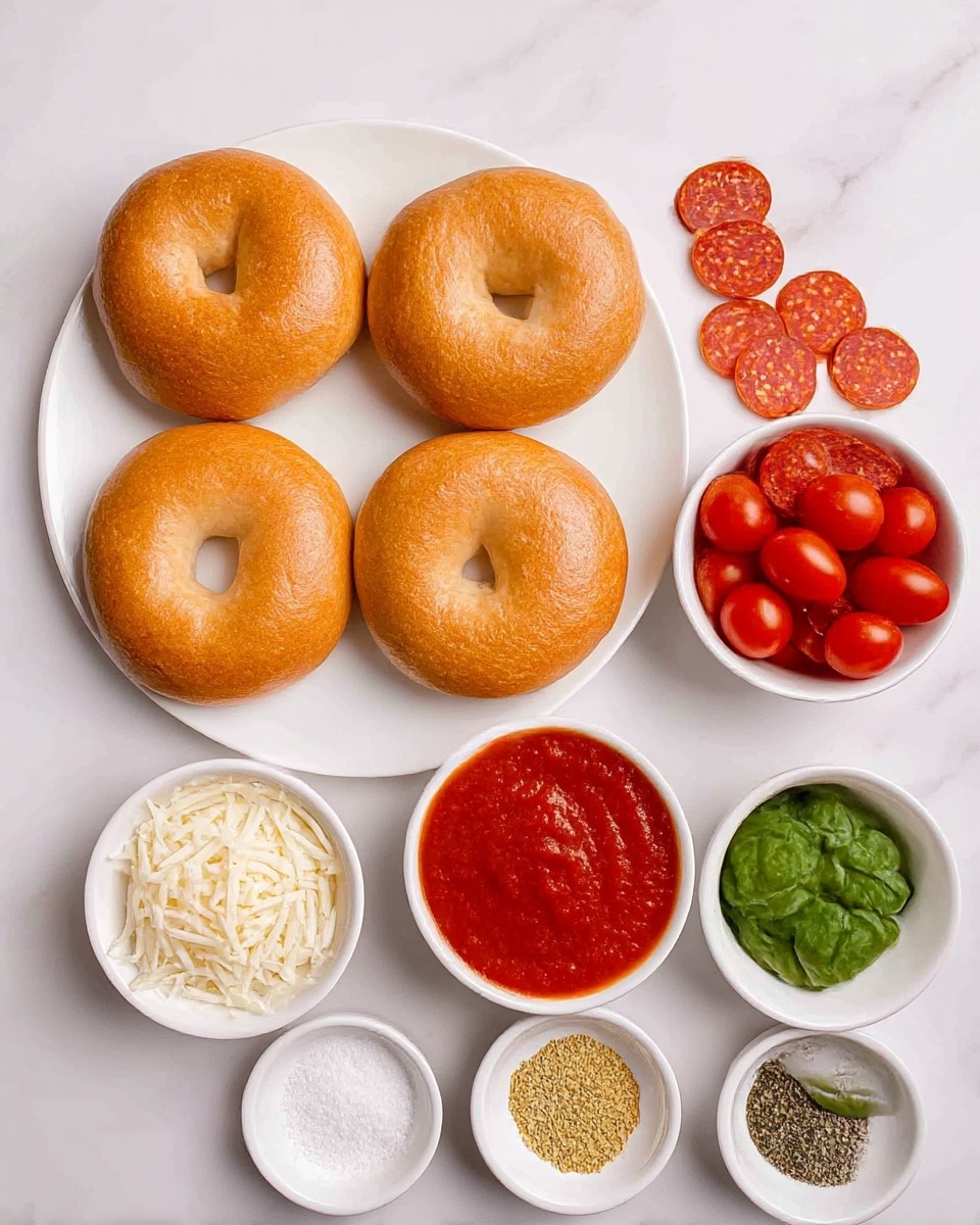 A white plate holds four plain bagels, each golden brown and slightly shiny, arranged in a neat square. Surrounding the plate on a white marbled surface are six small white bowls: the top right bowl has round slices of pepperoni with a red-orange color and specks of white fat, the middle right bowl contains bright red cherry tomatoes still on tiny green stems, the bottom right bowl has fresh green basil leaves with smooth texture, the bottom left bowl is filled with a smooth, thick red tomato sauce, the middle left bowl holds shredded white mozzarella cheese, and the two small bowls at the bottom center contain coarse white salt and ground black pepper, while another small white bowl holds a mix of pale yellow and dried greenish brown spices. photo taken with an iphone --ar 4:5 --v 7