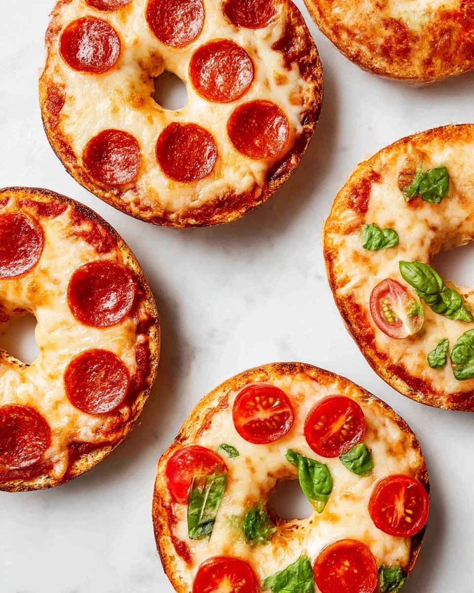 The image shows four bagel pizzas placed on a white marbled surface. Each pizza has a base layer of bagel, golden brown and toasted, topped with a red tomato sauce spread evenly. A layer of melted cheese covers the sauce, bubbly and slightly browned at the edges. Two of the bagel pizzas are decorated with round red pepperoni slices evenly placed over the cheese. The other two bagel pizzas are topped with thinly sliced red cherry tomatoes and scattered fresh green basil leaves for a fresh touch. The arrangement highlights the different toppings clearly, and the lighting brings out the warm colors and texture of the melted cheese and toppings. photo taken with an iphone --ar 4:5 --v 7