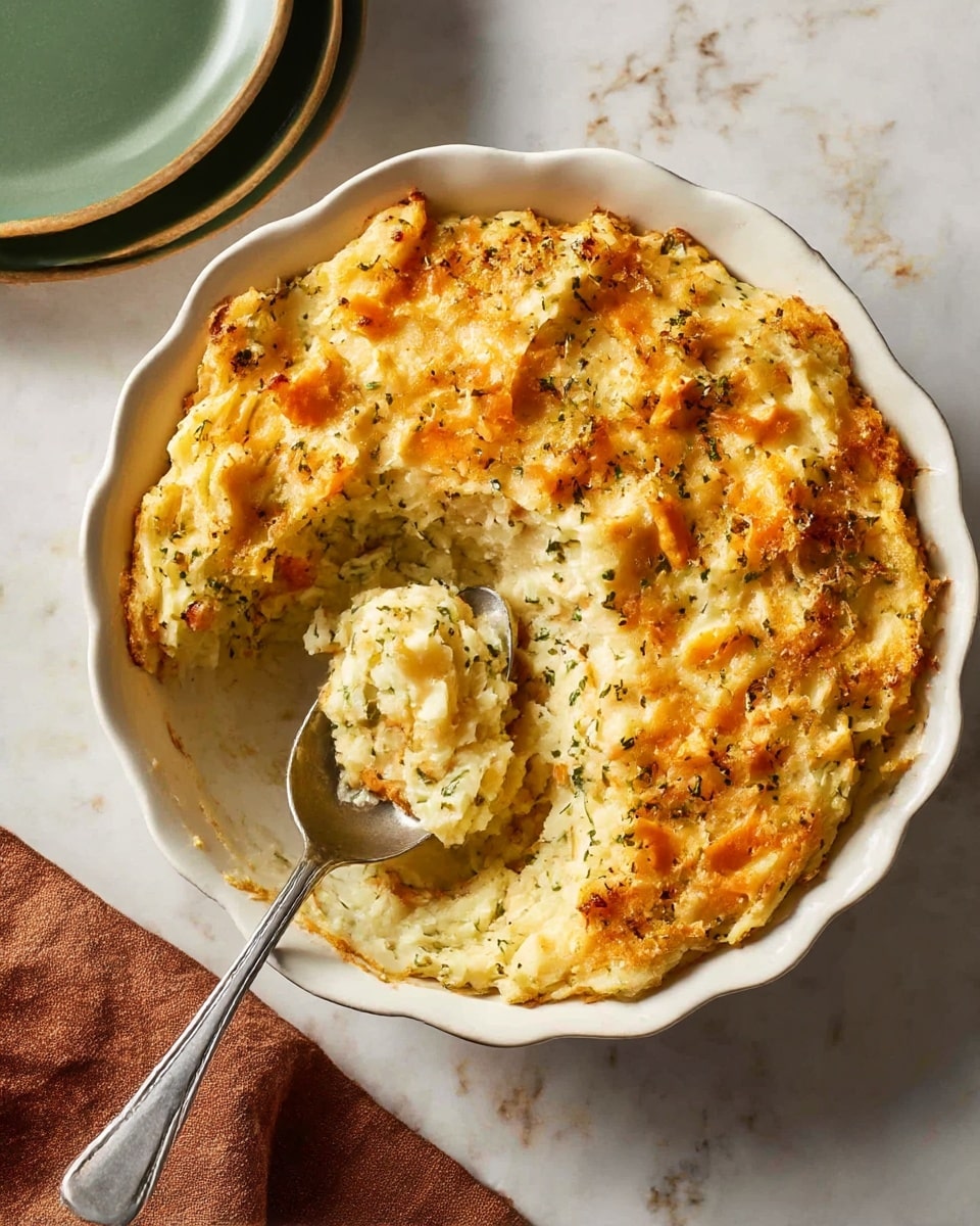 The dish is a creamy baked casserole in a white round dish with scalloped edges. The top layer is golden brown with slightly crispy patches and scattered orange chunks, revealing a soft, mixed texture underneath. The middle layer consists of pale mashed vegetables with green specks throughout, creating a chunky look. A silver spoon is resting inside the dish, partially scooping out the contents, showing a mix of orange, green, and pale creamy parts. The dish sits on a white marbled surface with a green plate and brown cloth near it. Photo taken with an iphone --ar 4:5 --v 7