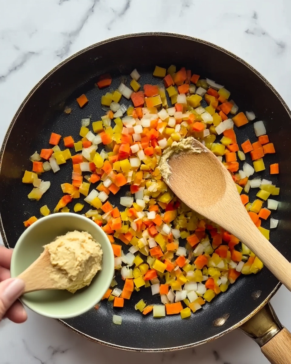 A close-up of fried rice in a white skillet with a wooden spoon on the right side, showing a mix of light brown rice, bright yellow scrambled eggs, small green peas, orange carrot cubes, and red bell pepper pieces. Fresh light green sliced spring onions are sprinkled on top, adding a fresh contrast. The background is a white marbled surface. Photo taken with an iphone --ar 4:5 --v 7