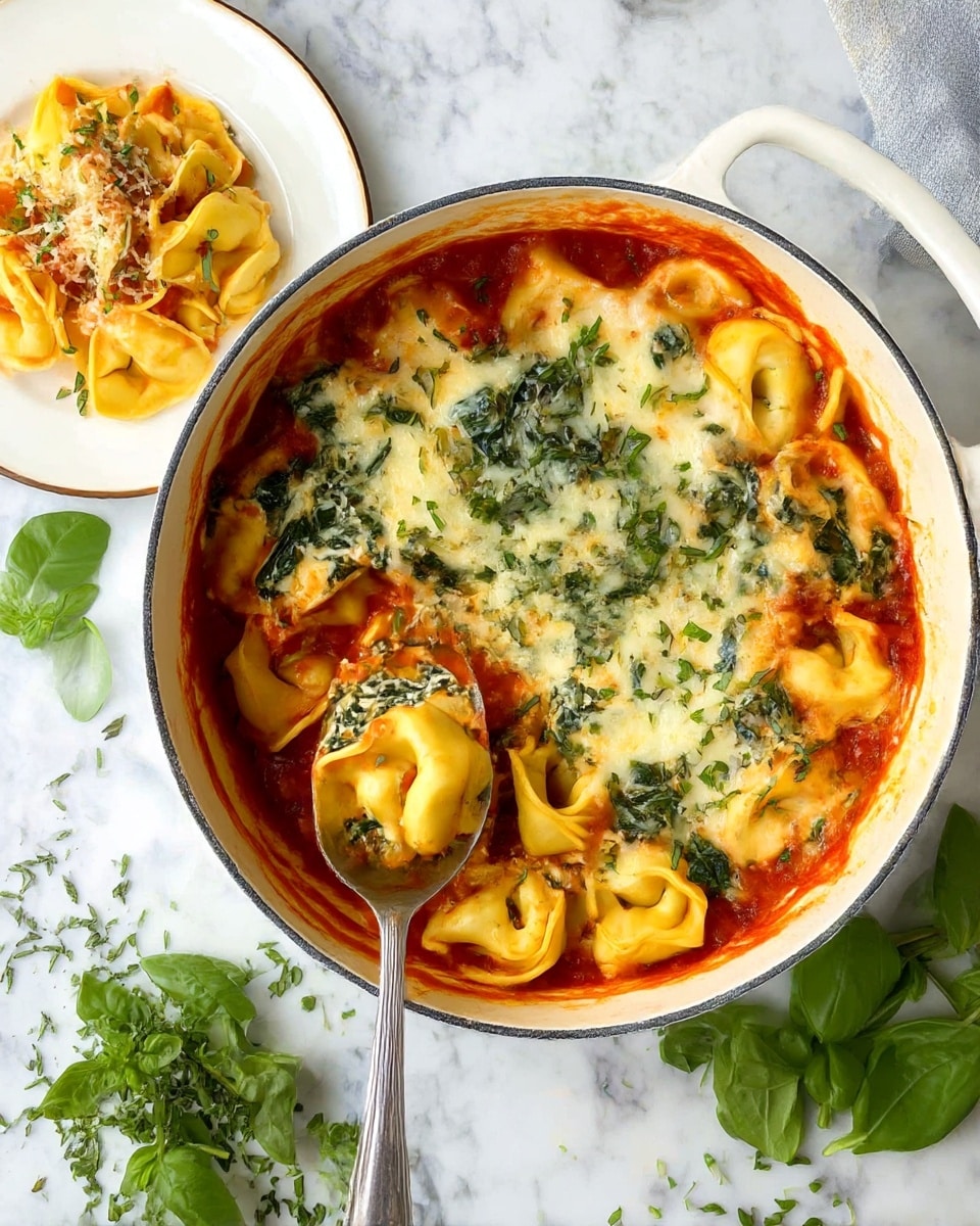 A white pot filled with tortellini pasta covered in melted cheese and tomato sauce. The tortellini is yellow and folded in little rings, layered over a bright red tomato sauce base. On top, there is a melted layer of white cheese mixed with green spinach leaves, giving a mix of creamy and leafy textures. Some chopped green herbs are sprinkled over the cheese, adding color and freshness. A silver spoon rests inside the pot, holding some tortellini with sauce and cheese. Around the pot, fresh green basil leaves and chopped herbs are scattered on a white marbled surface. A small white plate is nearby with a serving of the pasta. Photo taken with an iphone --ar 4:5 --v 7