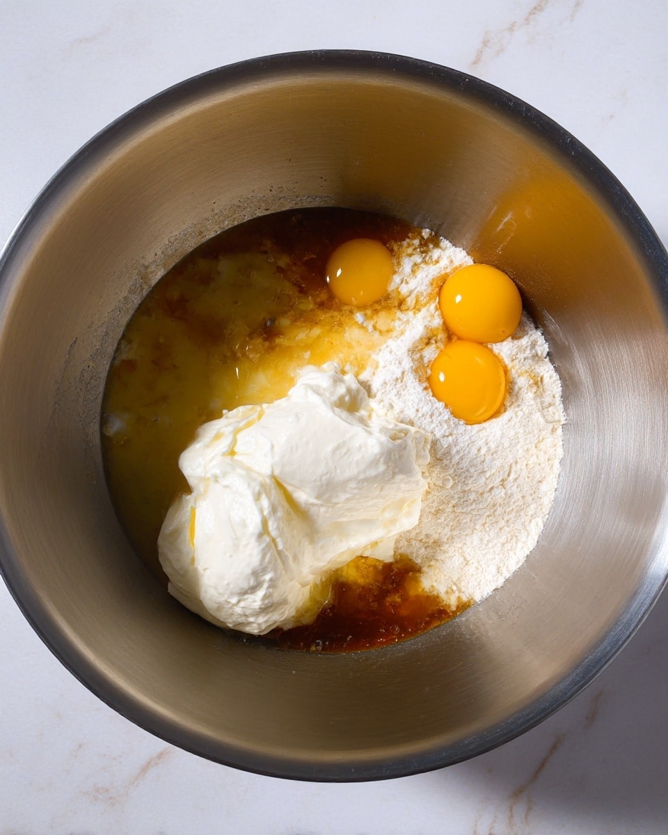A large metal bowl sits on a white marbled surface filled with several ingredients that are unmixed. There are three bright yellow whole eggs visible towards the top right, while a pile of white flour sits near the center. A large dollop of thick white cream is located on the bottom left side of the bowl. The liquid ingredients around these include a golden syrupy substance and a darker brown liquid, creating a mix of colors and textures inside the bowl. The interior of the bowl is shiny and reflects some soft light. photo taken with an iphone --ar 4:5 --v 7