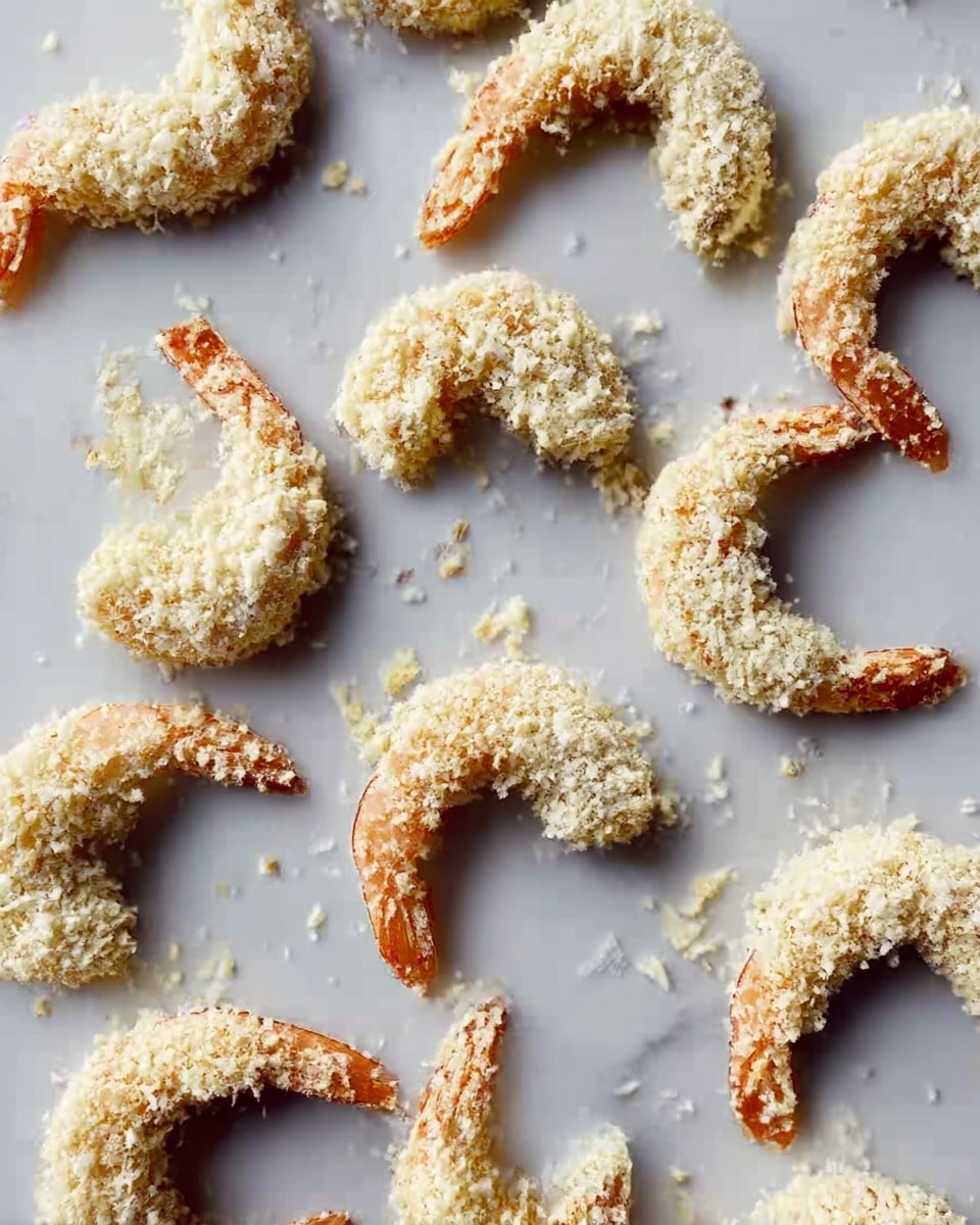A close-up of a white plate holding several pieces of golden brown coconut shrimp, each coated with a crunchy toasted coconut layer, showing a rough texture and light accents of green herbs on top. One shrimp, held by a woman's hand at the tail, is half dipped in a small white bowl filled with bright red, glossy dipping sauce. In the blurred background, another white bowl contains a creamy, white dip with a slightly textured surface. The whole scene is set on a white marbled surface. photo taken with an iphone --ar 4:5 --v 7