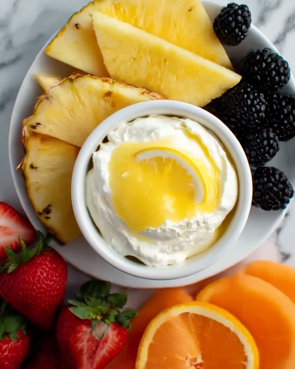 A white bowl filled with thick white cream topped with a layer of crumbly light brown powder sits in the center. Surrounding the bowl are layers of fresh fruit: bright yellow pineapple wedges at the top, deep red strawberries with green leaves to the left, dark blackberries to the right, and light orange cantaloupe slices at the bottom. All items are arranged on a white marbled surface. photo taken with an iphone --ar 4:5 --v 7