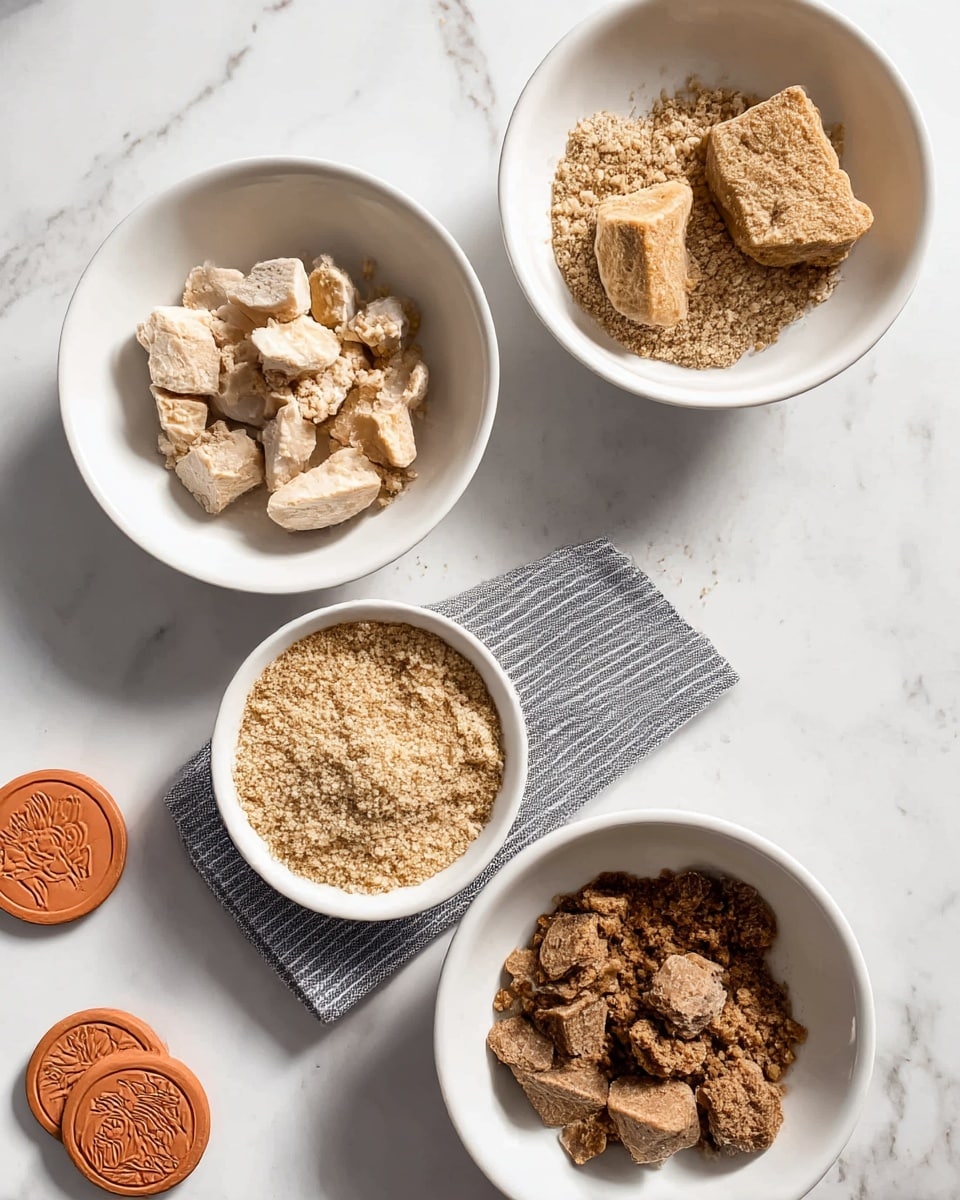 The image shows four white bowls on a white marbled surface, each with different types of brown crumbly and chunky textures. The top right bowl contains two large light brown chunks with crumb bits around them. The top left bowl holds irregular large pale beige chunks. The center bowl, placed on a gray and white striped cloth, is filled with fine, sandy light brown crumbs. The bottom bowl has smaller, darker brown chunks with a rough texture. Two round terracotta-colored clay tokens with carved designs are placed near the bottom left corner. The photo taken with an iphone --ar 4:5 --v 7