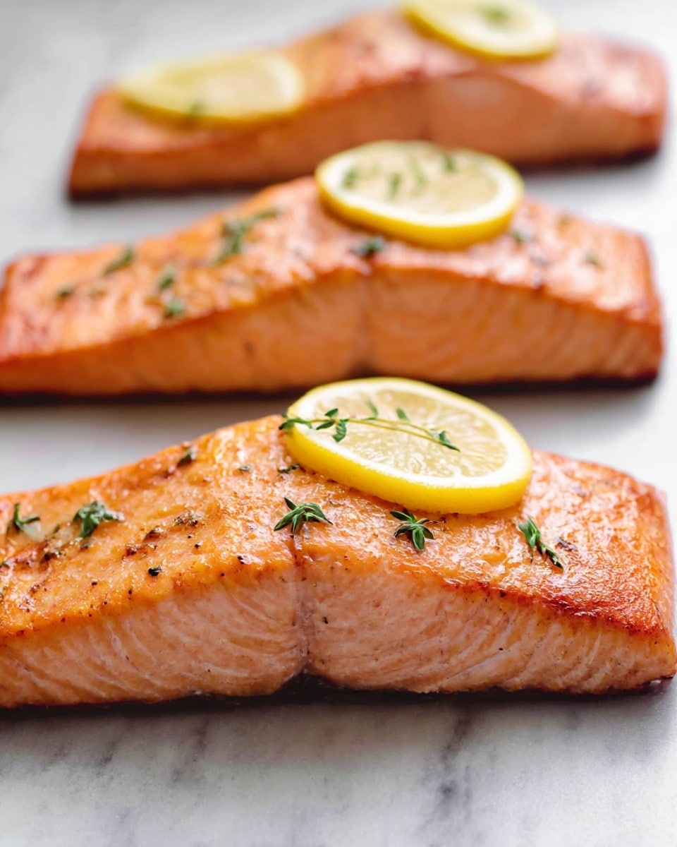 Four cooked salmon fillets are shown lying in a row on a white marbled surface. Each fillet has a golden-orange color with a slightly crispy texture on top. Thin lemon slices and small green herb sprigs rest on the top center of each fillet. The salmon flesh underneath shows a soft pink color with a smooth surface. The closest fillet is in sharp focus with the others gradually blurred behind it. Photo taken with an iphone --ar 4:5 --v 7