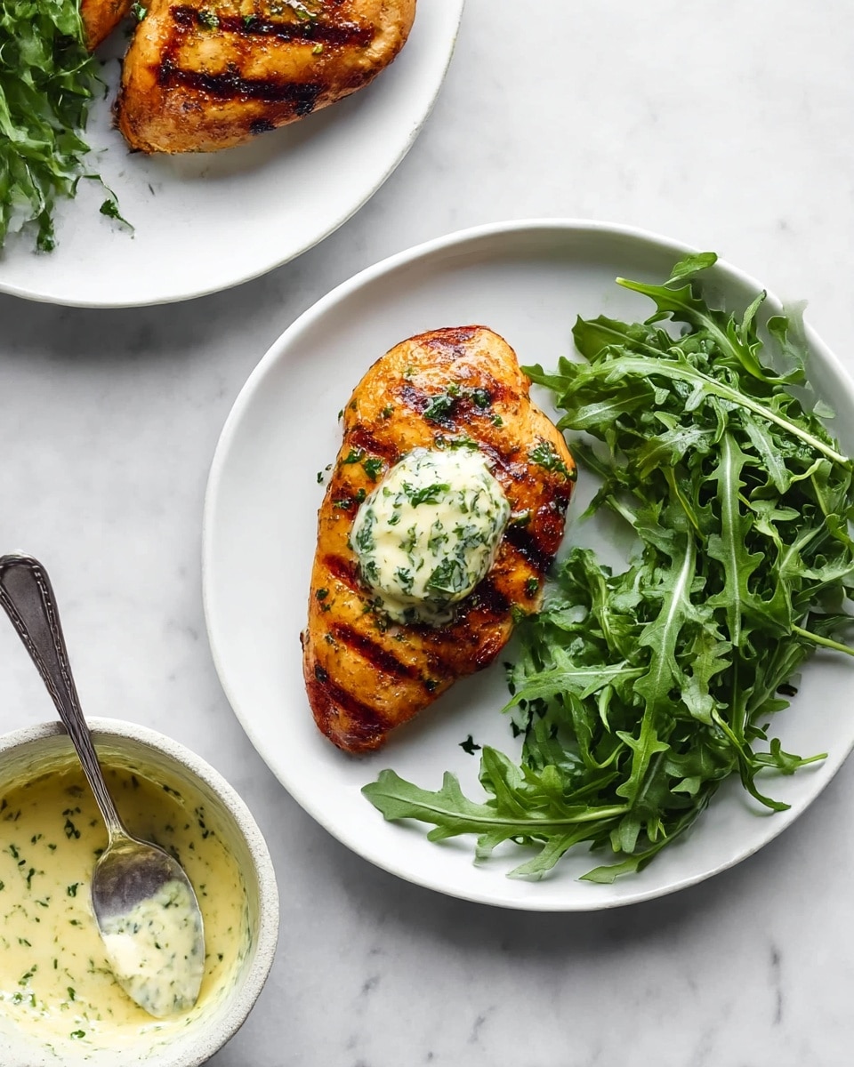 A white plate holds a single piece of grilled chicken with a rich golden-brown color and grill marks on the surface, topped with a dollop of creamy herb butter that is melting slightly and scattered with green herbs. On the right side of the plate, there is a small pile of fresh green arugula leaves with a light dressing that gives them a slight shine. Above this plate, part of a second white plate is visible with the same type of chicken and greens. To the left of the plates, a small white bowl contains a light yellow creamy mixture with green herb bits, and a silver spoon rests inside the bowl. The scene sits on a white marbled surface. Photo taken with an iphone --ar 4:5 --v 7