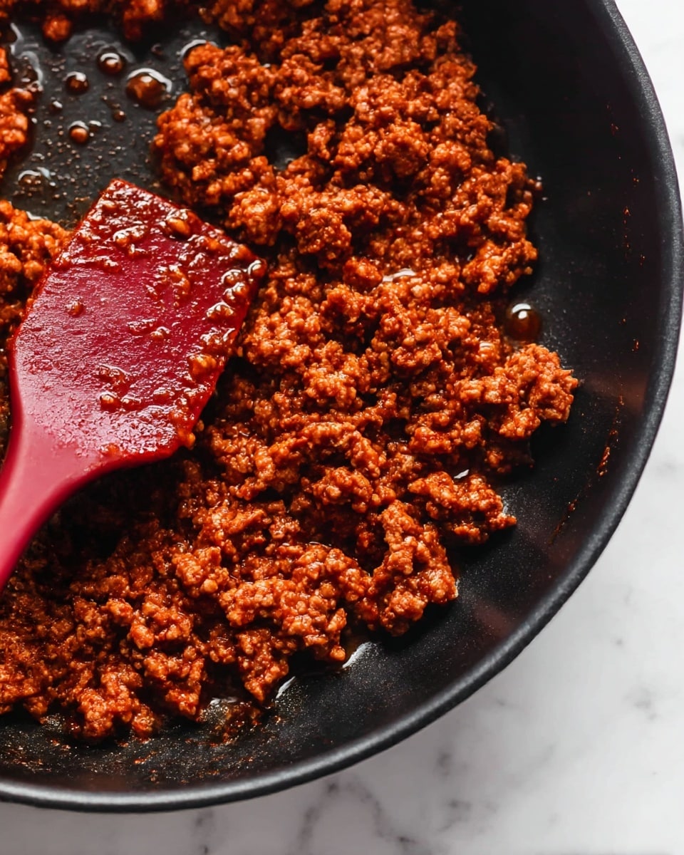 A close-up view of cooked ground meat in a black pan sitting on a white marbled surface. The meat is rich reddish-brown with small, crumbly, textured pieces evenly spread across the pan. A deep red spatula is partially submerged in the meat on the left side, coated with some of the meat and sauce, showing slight shine from moisture. The pan has a smooth, matte finish with tiny droplets of oil visible around the meat, adding a slight shine to the dish. Photo taken with an iphone --ar 4:5 --v 7