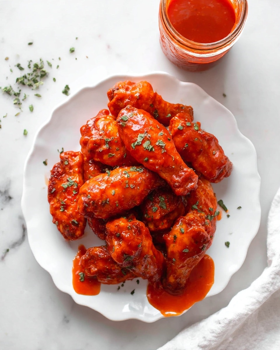 A white scalloped plate holds a stack of about ten buffalo chicken wings covered in bright red sauce, with small green herb sprinkles scattered over the wings and sauce drips on the plate. To the top right, a glass jar filled with more red sauce sits on a white marbled surface with some scattered green herbs near it, and a white cloth is partially visible at the bottom right corner. The wings have a glossy, slightly charred texture and look juicy. Photo taken with an iphone --ar 4:5 --v 7