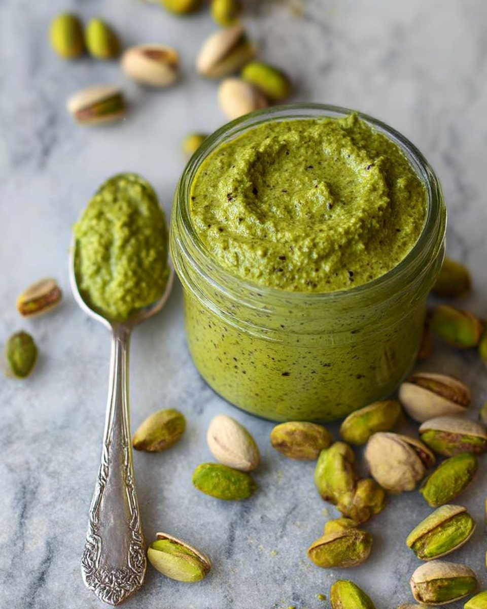 A white plate holds a piece of toasted bread with a green spread evenly covering the surface; on top of this is a thick drizzle of shiny dark brown sauce arranged in loose lines across the slice. Next to the toast on the plate is a knife with some green spread on the blade. Around the plate, there are scattered whole pistachio nuts on a white marbled surface. In the lower part of the image, a jar filled with the green spread is partially visible. Photo taken with an iphone --ar 4:5 --v 7