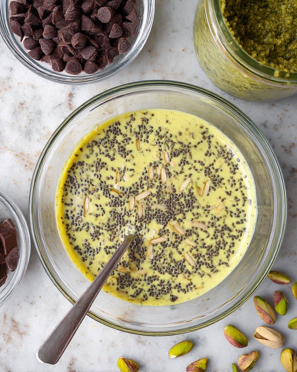 A clear glass bowl filled with three textured green balls and two smooth chocolate-coated brown balls on top of a thick, dark brown chocolate layer. The chocolate layer covers the round balls partially. Scattered small pieces of chopped pistachios and a few thin light vegetable shreds sprinkle on top and around the balls. The bowl is placed on a white marbled surface with more scattered pistachios and two vintage spoons in the background. Photo taken with an iphone --ar 4:5 --v 7