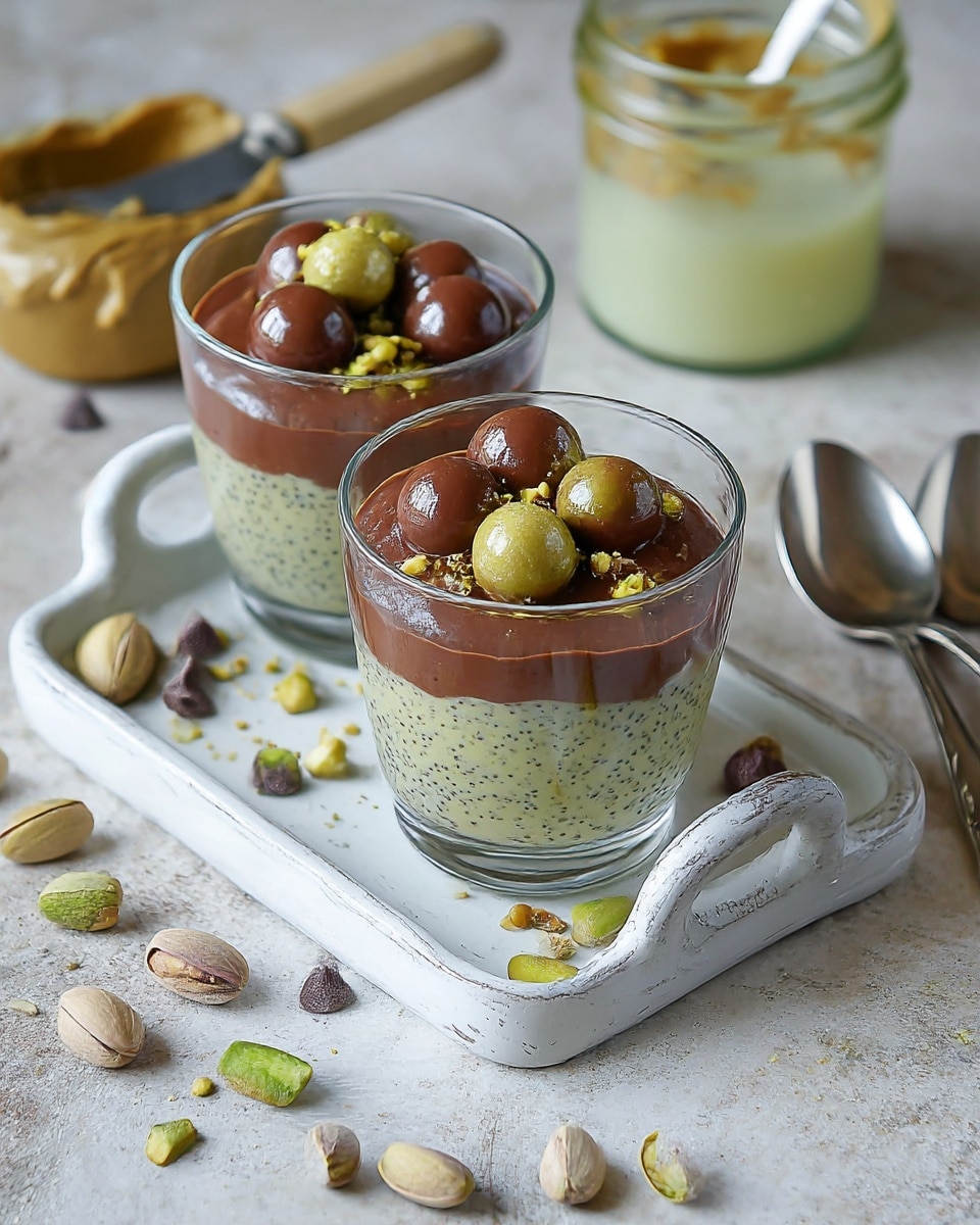 Two glass dessert cups sit on a small white tray with rounded handles, filled with two distinct layers. The bottom layer is light green with small dark seeds, giving a speckled, creamy texture. The top layer is a smooth, shiny dark brown chocolate sauce with round light green balls and chopped pistachios scattered on top. Around the tray on the white marbled surface are loose pistachios, small pieces of light green balls, and chocolate chips. In the background, there's an open jar with a spread and a butter knife resting on it, and a glass container with a pale green liquid. Two silver spoons rest beside the tray. The photo is taken with an iphone --ar 4:5 --v 7
