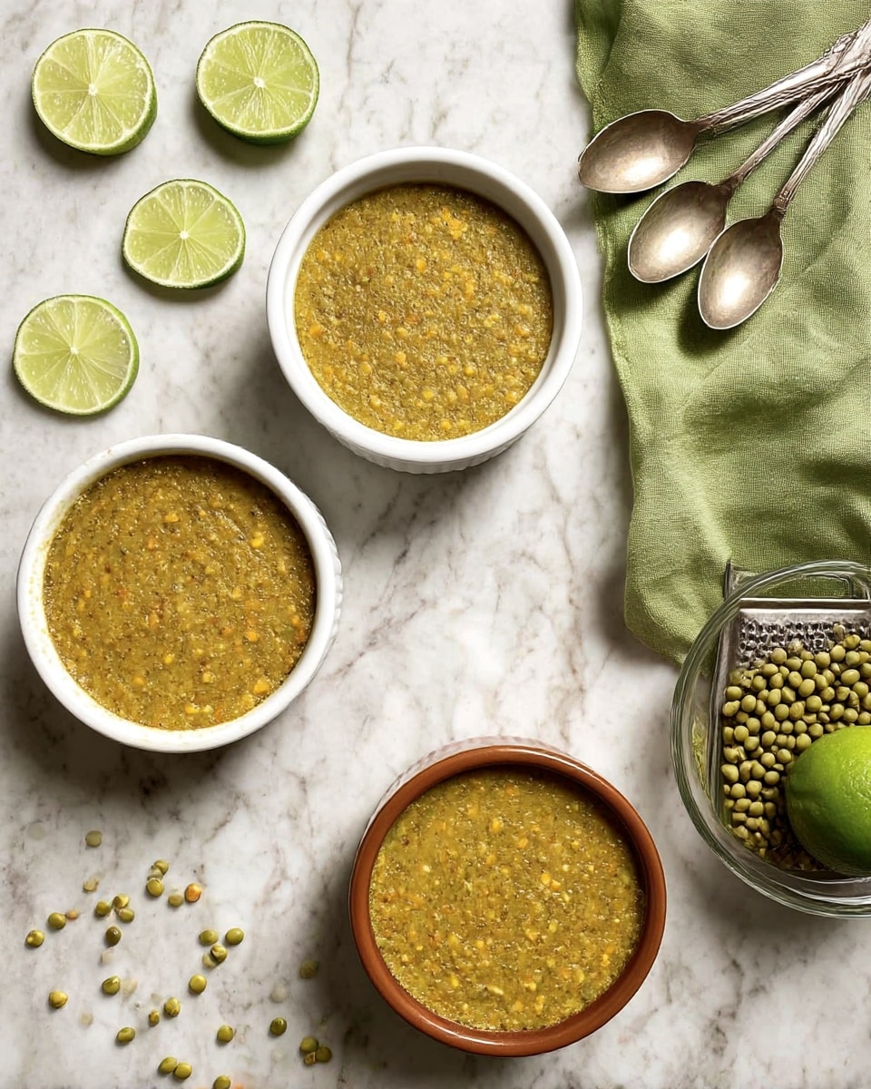 Three ramekins filled with a thick, grainy yellow-brown pudding with visible bits of corn and lentils, placed on a white marbled surface. Two ramekins are white, and one is brown, arranged in a triangular formation. On the left side, four lime slices are scattered. On the top right, a wrinkled green cloth is spread out with two antique silver spoons resting on it. Near the bottom right, a whole lime sits on a metal grater, next to a glass bowl full of green mung beans. Small green mung beans are also scattered on the marbled surface around the ramekins photo taken with an iphone --ar 4:5 --v 7