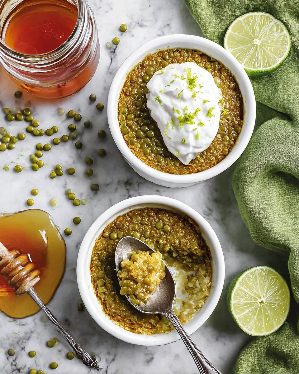 A white bowl is filled with a textured brown and yellow grain dish that looks soft and moist. On top, there is a swirl of white cream garnished with thin green lime zest scattered gently over it. Around the bowl, there are green beans and lime wedges scattered on a white marbled surface, with a small glass jar of amber-colored syrup and two silver spoons lying on a green cloth in the background. Photo taken with an iphone --ar 4:5 --v 7