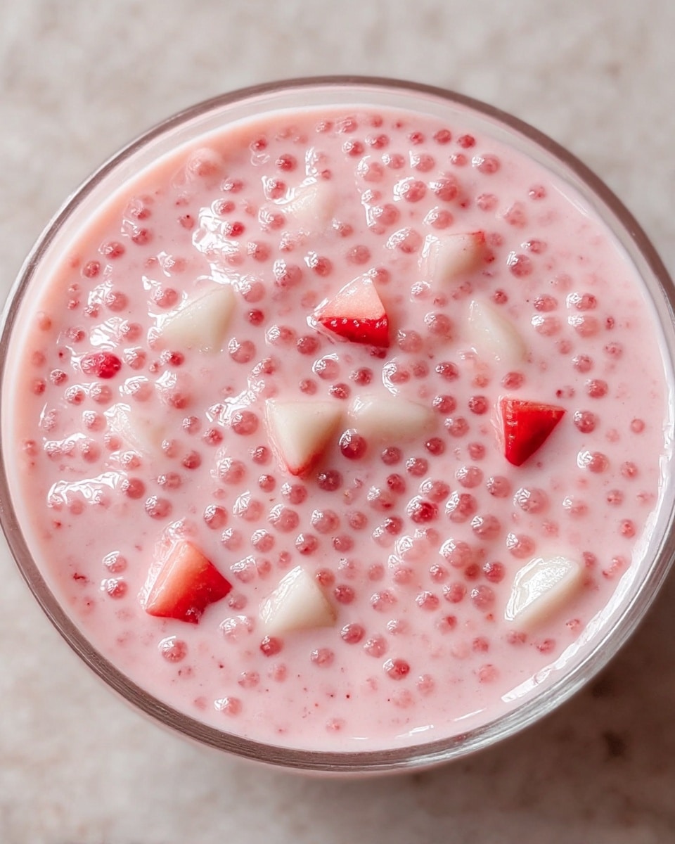 A close-up view of a clear glass bowl filled with a pink tapioca pudding. The pudding has a creamy texture with small pink tapioca pearls evenly spread throughout. There are small white and red fruit pieces mixed in, some triangular in shape, adding bright contrast inside the pudding. The bowl sits on a white marbled surface, and the light creates a soft shine on the pudding's smooth surface. Photo taken with an iphone --ar 4:5 --v 7