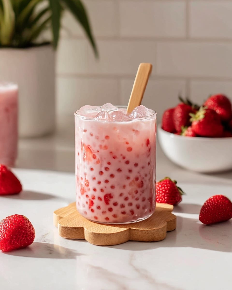 A clear glass filled with a pink creamy drink that has small red tapioca pearls and visible pieces of red strawberries. The drink fills the glass almost to the top and has ice cubes inside. A wooden spoon is placed inside the glass. The glass sits on a light wooden flower-shaped coaster on a white marbled surface. Around the glass, there are whole fresh strawberries and a white bowl with more strawberries. The background is softly lit with white tiles and a green plant in a white pot. photo taken with an iphone --ar 4:5 --v 7