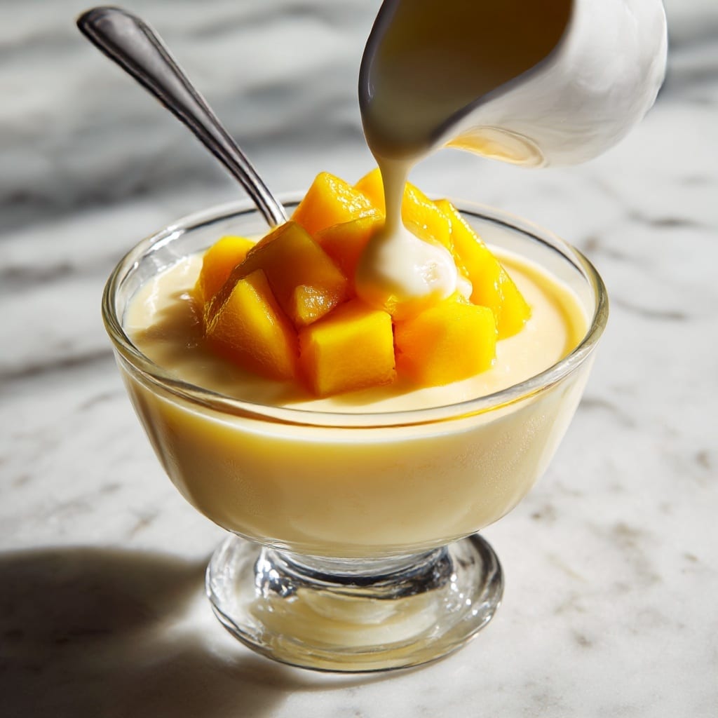 The image shows a clear glass cup with three layers: the bottom layer is smooth yellow mango pudding, the middle layer is white cream partially covering the pudding, and the top layer is a pile of small, bright yellow mango cubes. The glass has a tall stem and is placed on a white marbled surface with soft natural light. In the background, two more glasses with the same layered dessert are partially visible and a white pitcher sits nearby with some blurred green leaves in the distance. photo taken with an iphone --ar 4:5 --v 7