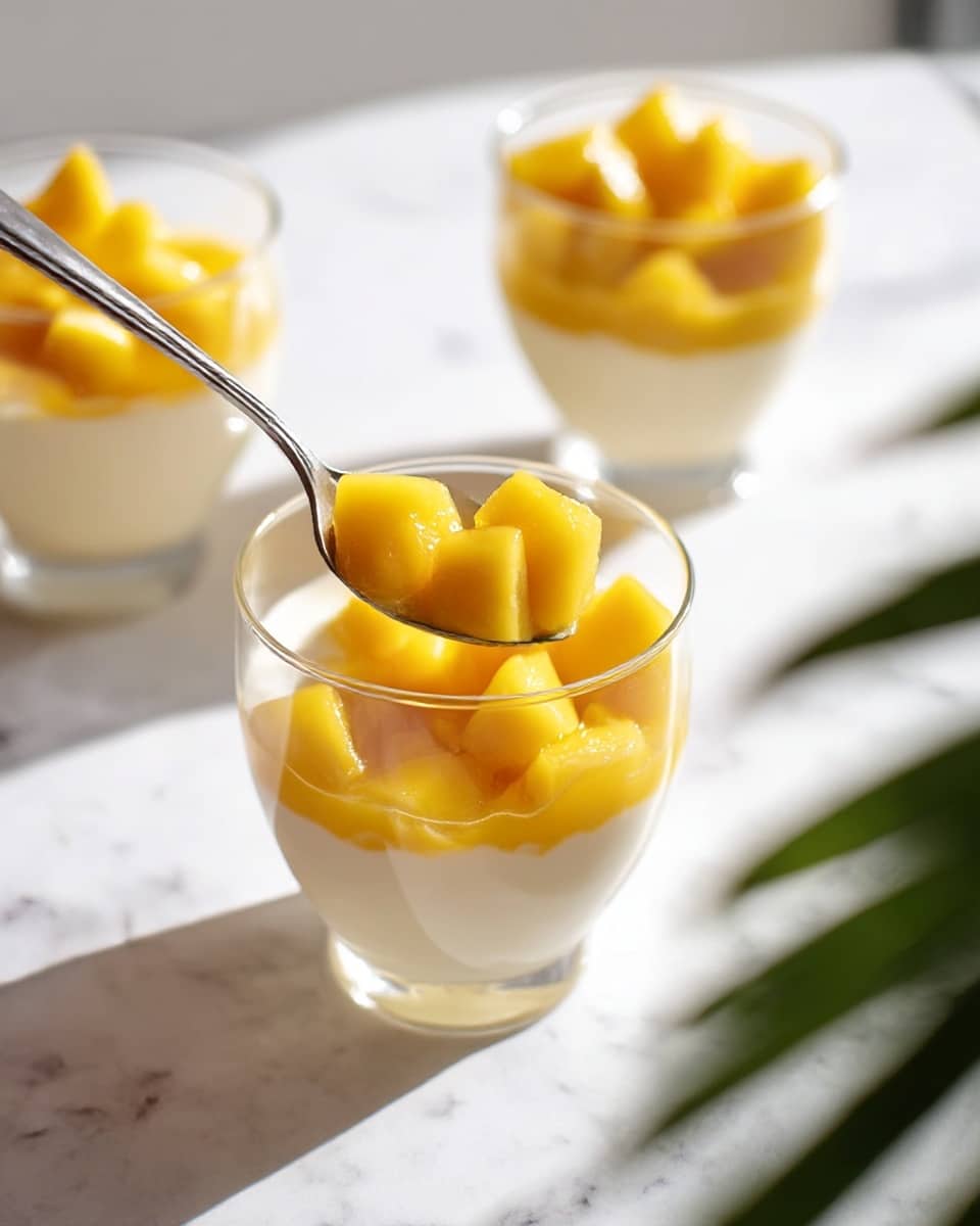 The image shows a clear glass cup filled with three layers: the bottom layer is smooth and creamy white pudding, the middle layer is yellow and soft with a slightly grainy texture, and the top layer is made of small yellow mango pieces with a juicy, fresh look. A silver spoon is inside the glass, lifting some pudding and mango pieces. The glass is placed on a white marbled surface with soft natural light casting gentle shadows. In the background, there are two more glasses with the same dessert, slightly out of focus, and a green plant on the right side of the image. photo taken with an iphone --ar 4:5 --v 7