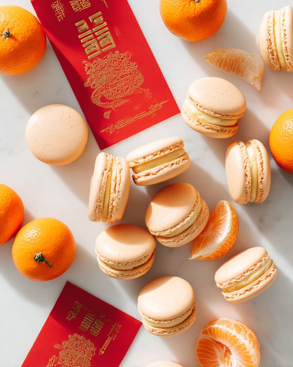 A group of light beige macarons with soft cream filling are scattered across a white marbled surface, along with a few whole bright orange tangerines and one partially peeled tangerine showing its juicy segments. The macarons have smooth round tops and a slight ruffled edge where the cream filling is visible, stacked in pairs or placed singly in a casual arrangement. Small shards of tangerine peel are scattered lightly around, adding texture and color contrast to the clean, smooth backdrop. The scene is bright and fresh, with a soft natural light highlighting the smooth textures and vibrant colors of the macarons and fruit. photo taken with an iphone --ar 4:5 --v 7