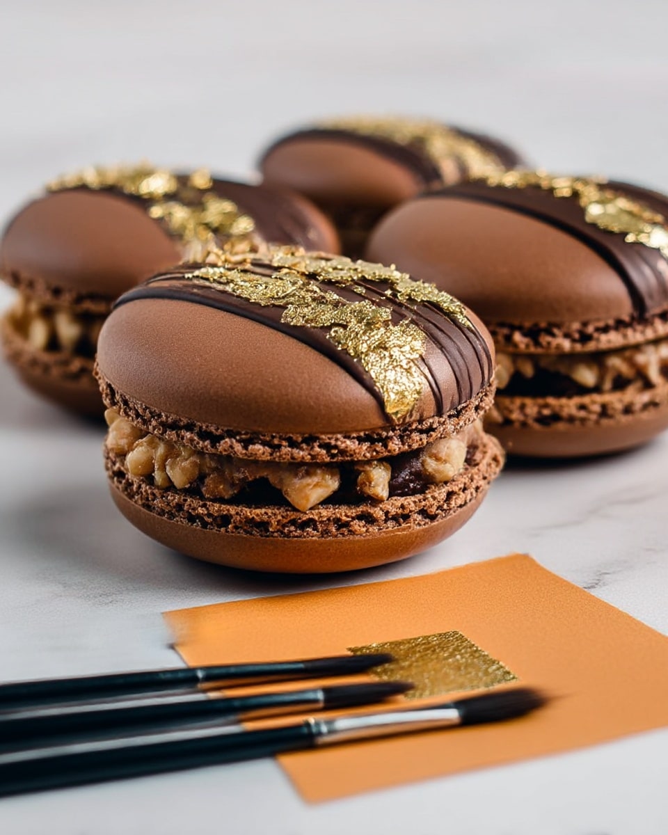 The image shows three round chocolate macarons placed side by side on a white marbled surface. Each macaron has smooth, dark brown tops with a strip decorated diagonally across the upper side using dark chocolate drizzle, chopped nuts, and small pieces of shiny gold leaf. The macarons have a slightly textured edge around the base where the cookie meets the filling, which is dark and creamy. Below the macarons are three black paintbrushes resting on the marbled surface, aligned horizontally, and beneath them lies an orange sheet with a small square of gold leaf in the center. The photo taken with an iphone --ar 4:5 --v 7