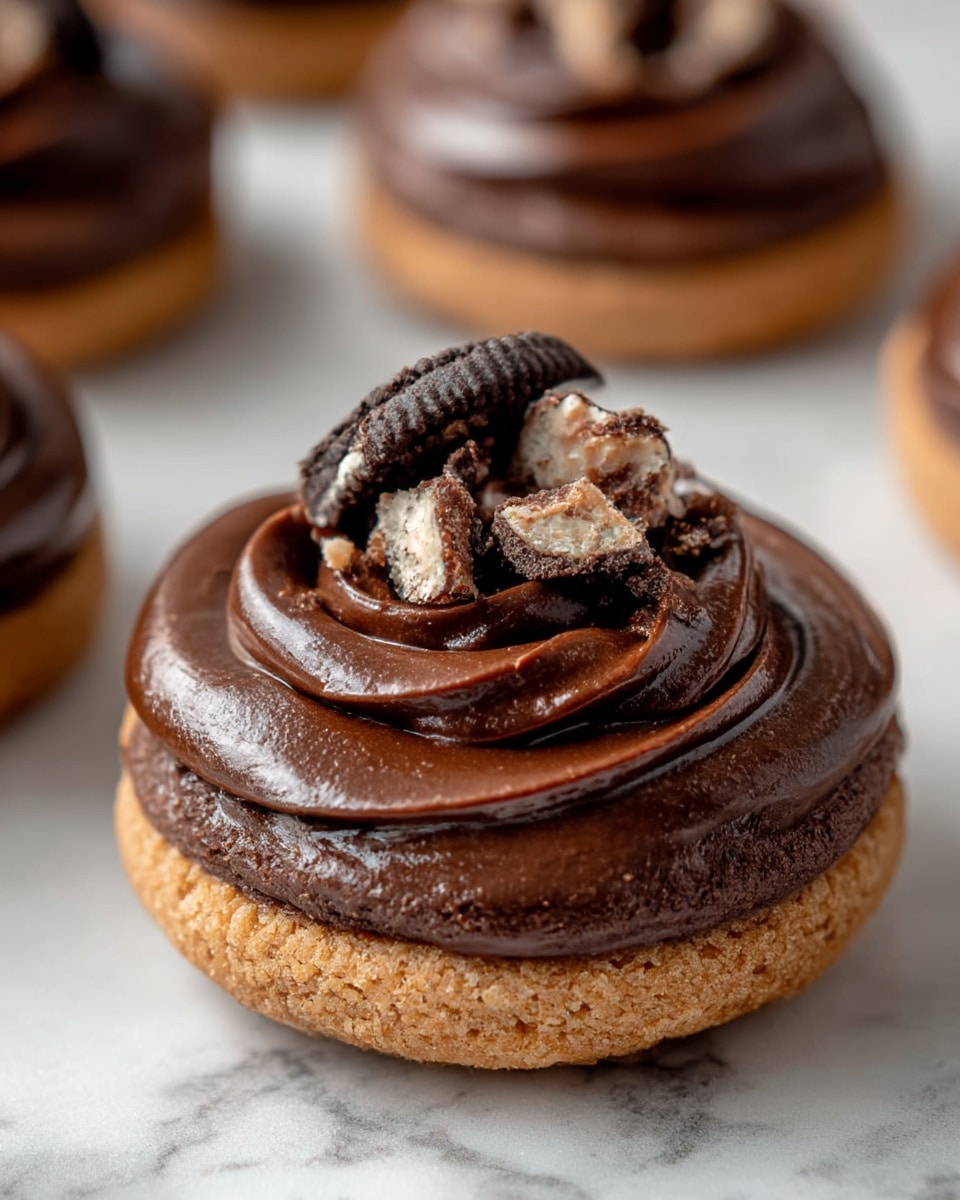 The image shows a close-up of several chocolate macarons and chocolate truffles arranged closely together on a white marbled surface. The macarons have smooth, matte brown shells with some decorated by thin dark chocolate lines topped with small golden flakes and light nut pieces, while others are covered with crushed nuts on top. Each macaron has a thick dark chocolate filling visible between the two shells. The truffles appear round with a rough texture, one covered in dark chocolate with nut pieces embedded, and another partially unwrapped showing a shiny gold foil. The whole scene has a rich, dark brown and golden color palette with varied textures from smooth, shiny, crumbly, and crunchy elements photo taken with an iphone --ar 4:5 --v 7