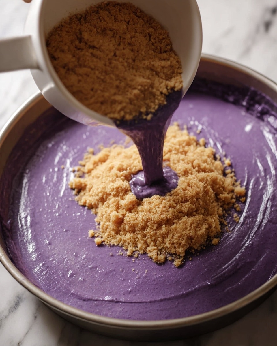 A close-up view of a silver pot filled with thick, smooth purple mashed food being stirred by a wooden spoon with purple food coating its tip. The texture looks creamy and rich with some slight lumps. The pot sits on a white marbled surface, and part of a woman's hand holding the spoon is visible in the background. photo taken with an iphone --ar 4:5 --v 7