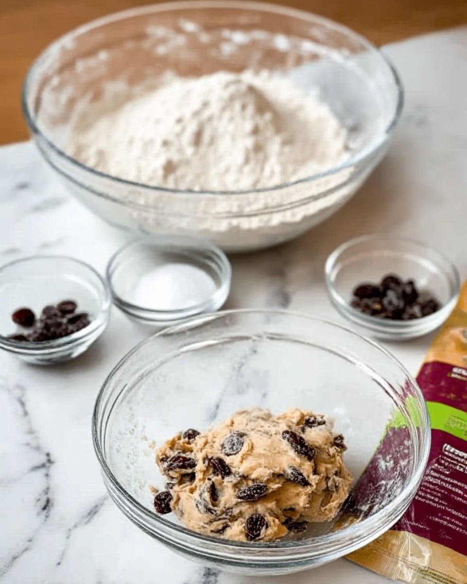 A round loaf of bread is shown on a sheet of white paper over a white marbled surface. The bread has a golden brown crust with a dusting of white flour and several deep slashes on the top, showing a soft inside. Dark red dried cranberries and light brown walnut pieces are mixed into the crust and scattered around the bread. The texture of the crust looks crisp and rustic. Photo taken with an iphone --ar 4:5 --v 7