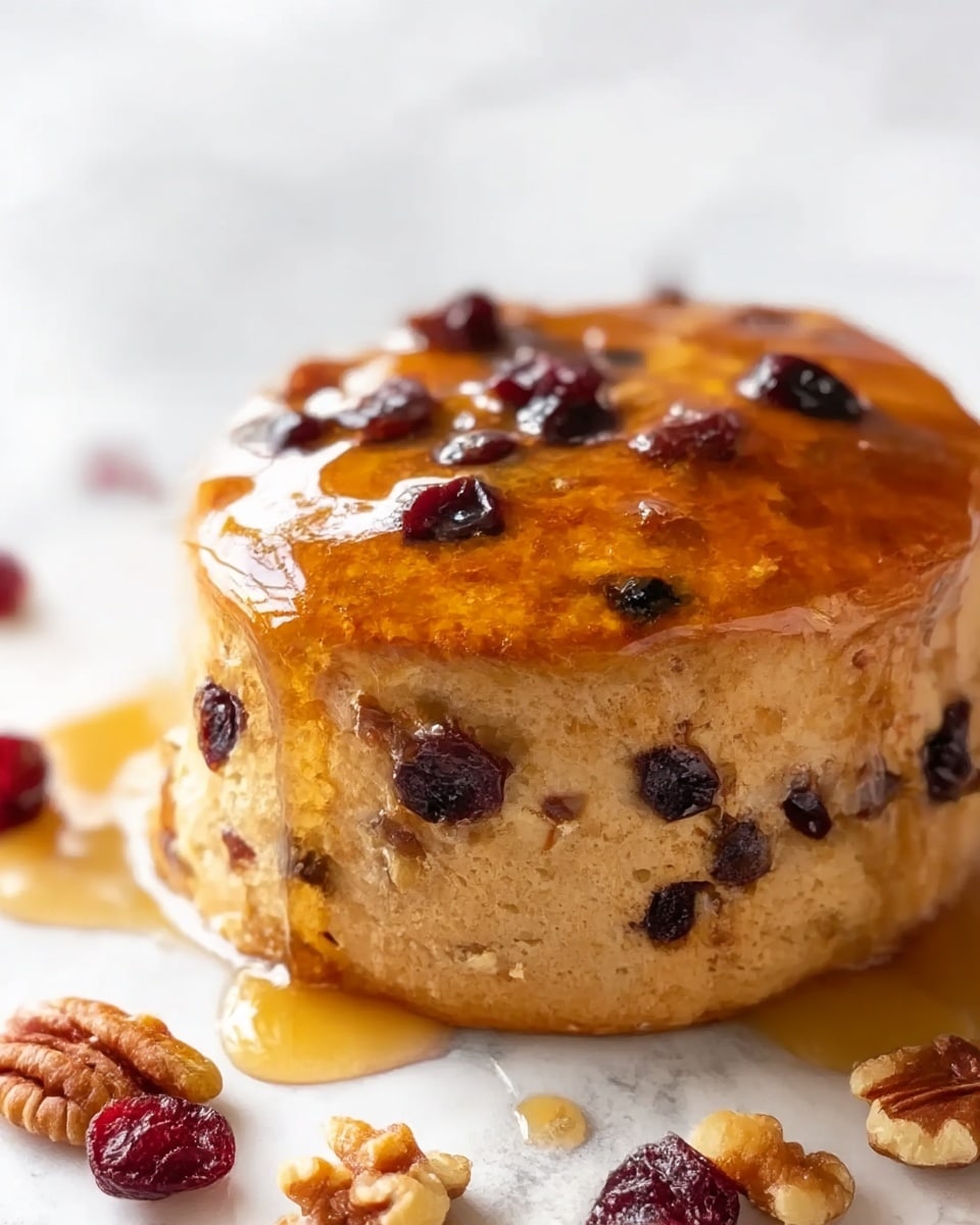 The image shows one round scone with a golden brown, shiny top covered in syrup, making it look wet and sticky. The scone has visible bits of dark dried fruit embedded in its light brown dough, showing through the sides. Around the scone on a white marbled surface, there are a few pieces of walnut and dried cranberries scattered loosely, adding texture and color contrast. photo taken with an iphone --ar 4:5 --v 7
