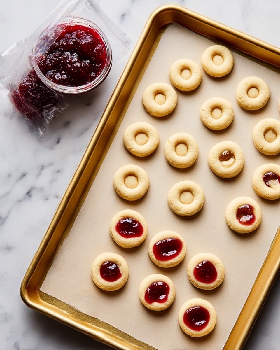 A golden baking tray with parchment paper holds three rows of small round cookies. The first row shows plain cookies with an indentation in the center, the second row has similar cookies but some are filled with smooth, shiny red jam, while the last row has cookies fully topped with this glossy jam. In the top left corner, a clear plastic bag filled with more red jam rests on the white marbled surface. The scene is bright and clean, showing the baking process step by step. photo taken with an iphone --ar 4:5 --v 7