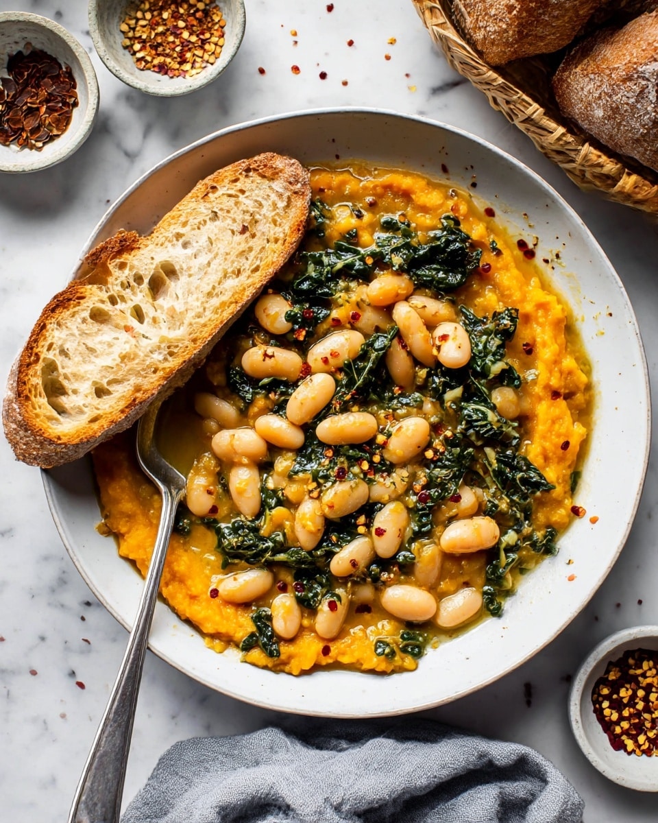 A black pan filled with a cooked dish of soft white beans mixed with small, bright orange chunks, and bits of dark green leafy vegetables. The beans and vegetables are coated in a shiny, slightly thick sauce with a golden-yellow color. A wooden spoon is resting on the right side inside the pan, partially submerged in the dish. The pan is placed on a wooden board over a white marbled surface with a light grey cloth underneath the handle. Around the pan, there is a stack of white plates, a small white bowl with a white powder, and a plate holding sliced brown bread. photo taken with an iphone --ar 4:5 --v 7