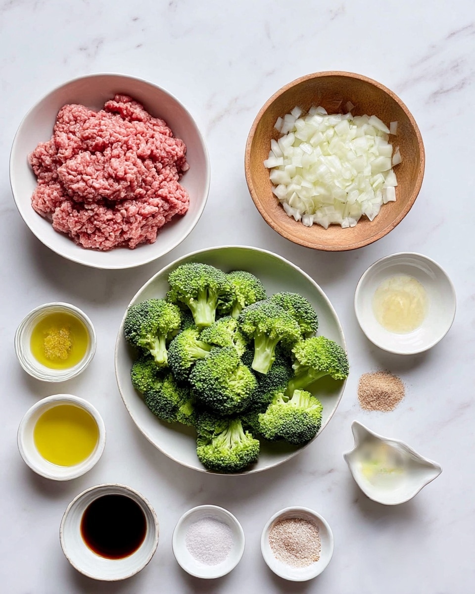 The image shows an arrangement of raw ingredients on a white marbled surface. In the top left, there is a white bowl filled with raw ground meat that is pinkish-red with a soft texture. Below it, a small wooden bowl contains chopped white onions with a slightly shiny surface. At the center, a white shallow bowl holds bright green broccoli florets, each with a bumpy texture and short stalks. Around these main bowls are several small white dishes and bowls containing different liquids and seasonings: golden yellow oil, light yellow minced ginger, pale yellow crushed garlic, a small cup with dark soy sauce, a white lemon juice bowl, and others with various light-colored powders and granulated spices. The overall arrangement is neat and organized, with a clear, bright lighting. Photo taken with an iphone --ar 4:5 --v 7
