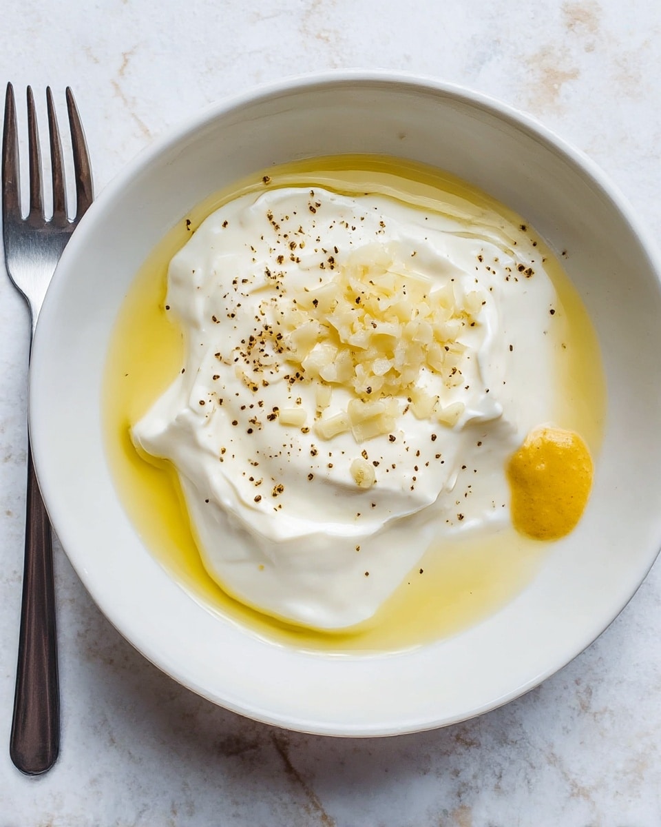 A white bowl holds a creamy white yogurt layer with a smooth and soft texture, topped with finely chopped pale yellow garlic and a small dollop of mustard yellow paste on the side. Surrounding the yogurt is a clear, light yellow olive oil layer that shines gently. There is a light sprinkle of coarse black pepper on the yogurt’s surface. The bowl sits on a white marbled texture surface next to a silver fork. Photo taken with an iphone --ar 4:5 --v 7