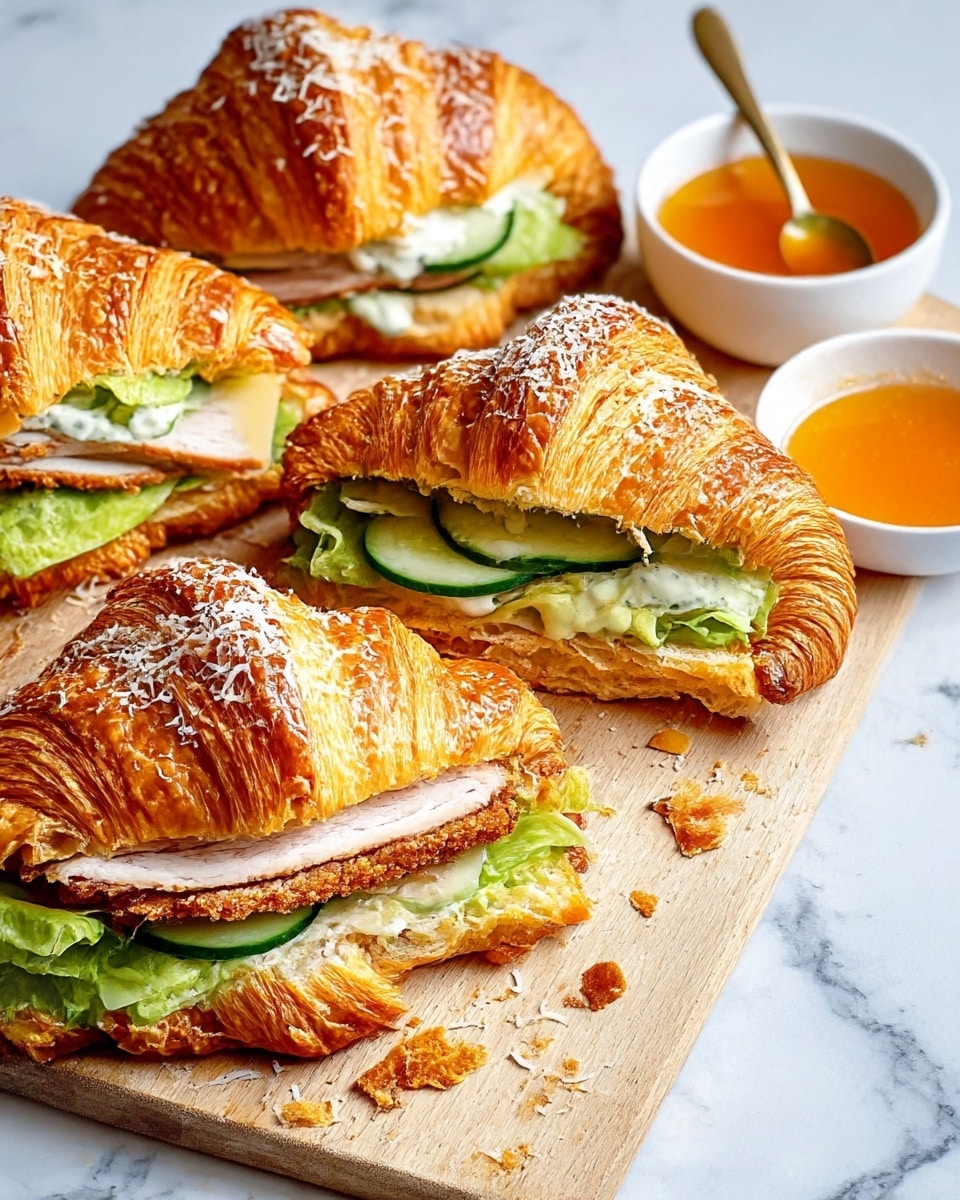 This image shows three croissant sandwiches placed on a wooden board over a white marbled surface. Each sandwich has a golden brown, flaky croissant top sprinkled with crumbled cheese. Inside, there is a crispy, golden fried patty occupying the bottom layer, topped with fresh, bright green lettuce and creamy white dressing that coats the leafy layers. To the right side of the board, there is a white bowl with honey-colored sauce and a spoon resting inside. Photo taken with an iphone --ar 4:5 --v 7