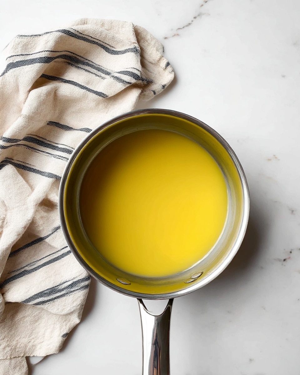 A shiny silver saucepan filled with a smooth bright yellow liquid, positioned in the center of a white marbled surface. To the top left of the saucepan, there is a beige cloth with black stripes softly folded. The saucepan handle extends downward and is clean and reflective, lying flat on the surface. The overall look is simple and clean, with soft natural lighting. photo taken with an iphone --ar 4:5 --v 7