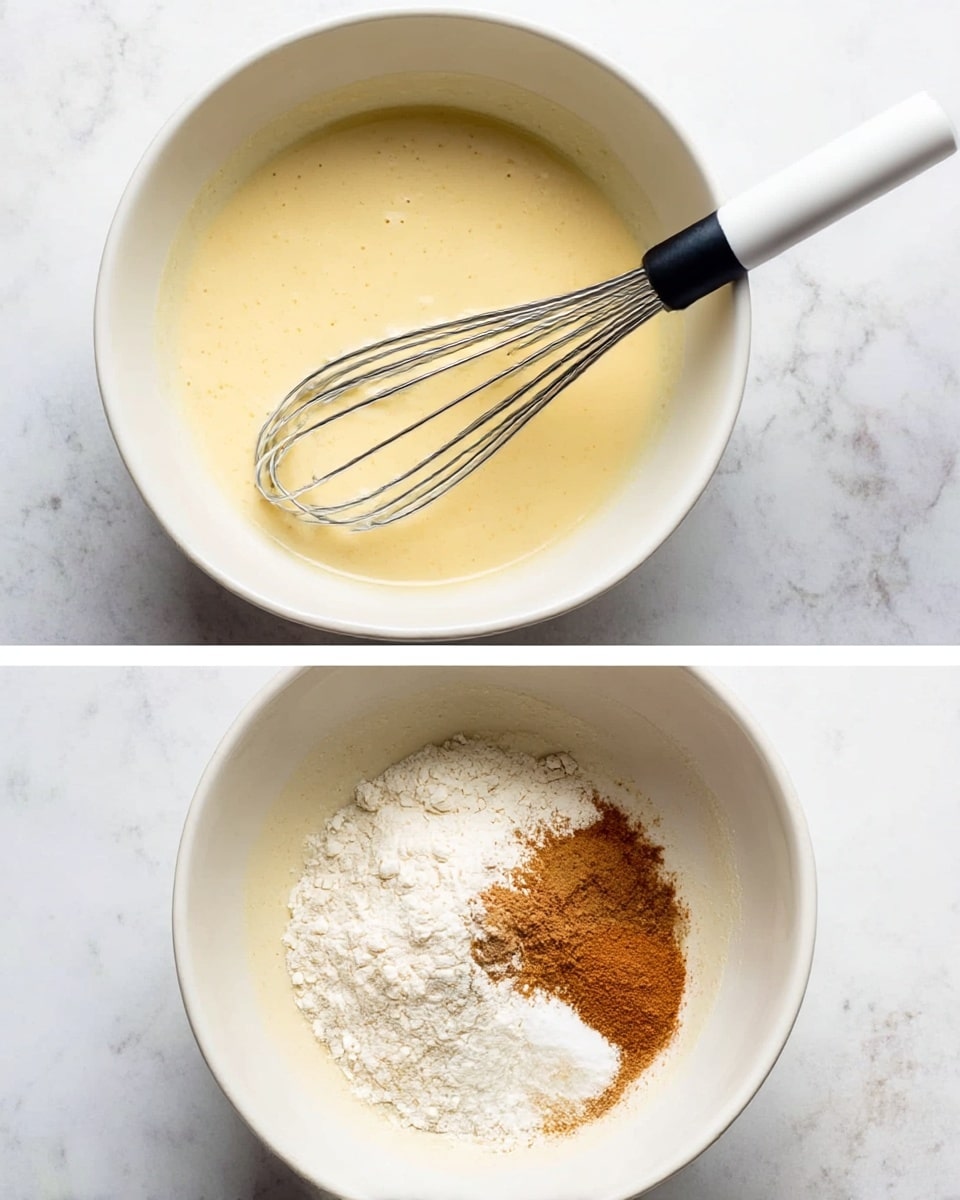 The image shows two white bowls placed on a white marbled surface. In the first bowl, there is a smooth, pale yellow liquid mixture, with a silver whisk resting in it, made of a black and white handle with metal wires. The second bowl holds the same pale yellow liquid but now topped with dry ingredients: a mound of white flour, a light brown powder that looks like cinnamon, a small pile of slightly darker brown powder, and a white powdery substance. The whisk is also resting inside this second bowl. photo taken with an iphone --ar 4:5 --v 7