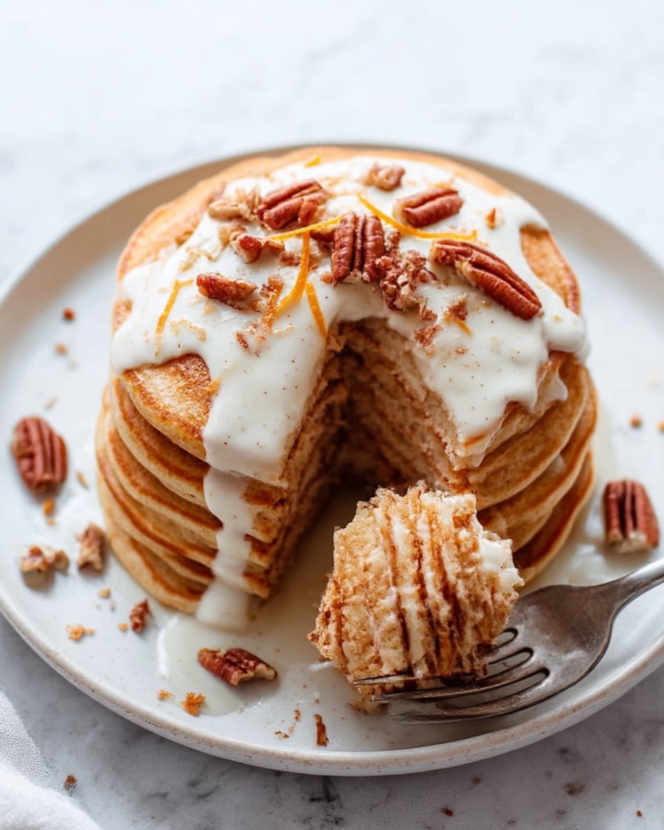 A stack of six thick, golden-brown pancakes sits centered on a round white plate placed on a white marbled surface. The pancakes have a slightly uneven texture, showing a soft and fluffy inside with darker edges. The top pancake is partially covered with a layer of white cream sauce, melting slightly over the warm stack, and sprinkled with small pieces of chopped pecans and thin strands of orange zest. A gold fork is inserted horizontally into the stack near the bottom right, lifting a section that reveals the light and airy layers inside. Scattered pecan pieces surround the plate, adding detail to the scene. In the background, there is a blurred white mug and glass. photo taken with an iphone --ar 4:5 --v 7