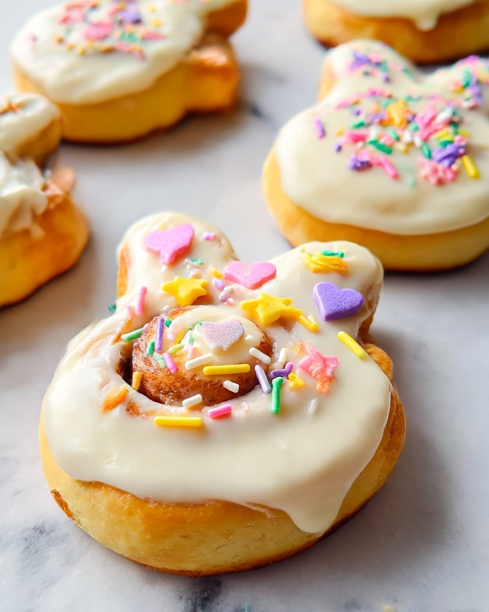 The image shows seven bunny-shaped cinnamon rolls arranged on a white plate, placed on a white marbled surface. Each roll has a light golden-brown baked dough base, topped with a thick layer of creamy white frosting spread unevenly. Three of the rolls are decorated with colorful, small sprinkles in pastel colors like pink, purple, yellow, green, and blue, scattered mainly towards one side of the frosting. The frosting has a smooth but slightly swirled texture that follows the cinnamon roll spiral underneath. Nearby, there are small white bowls containing more frosting and multicolored sprinkles, and a folded pink cloth is visible on the left side of the plate. Photo taken with an iphone --ar 4:5 --v 7